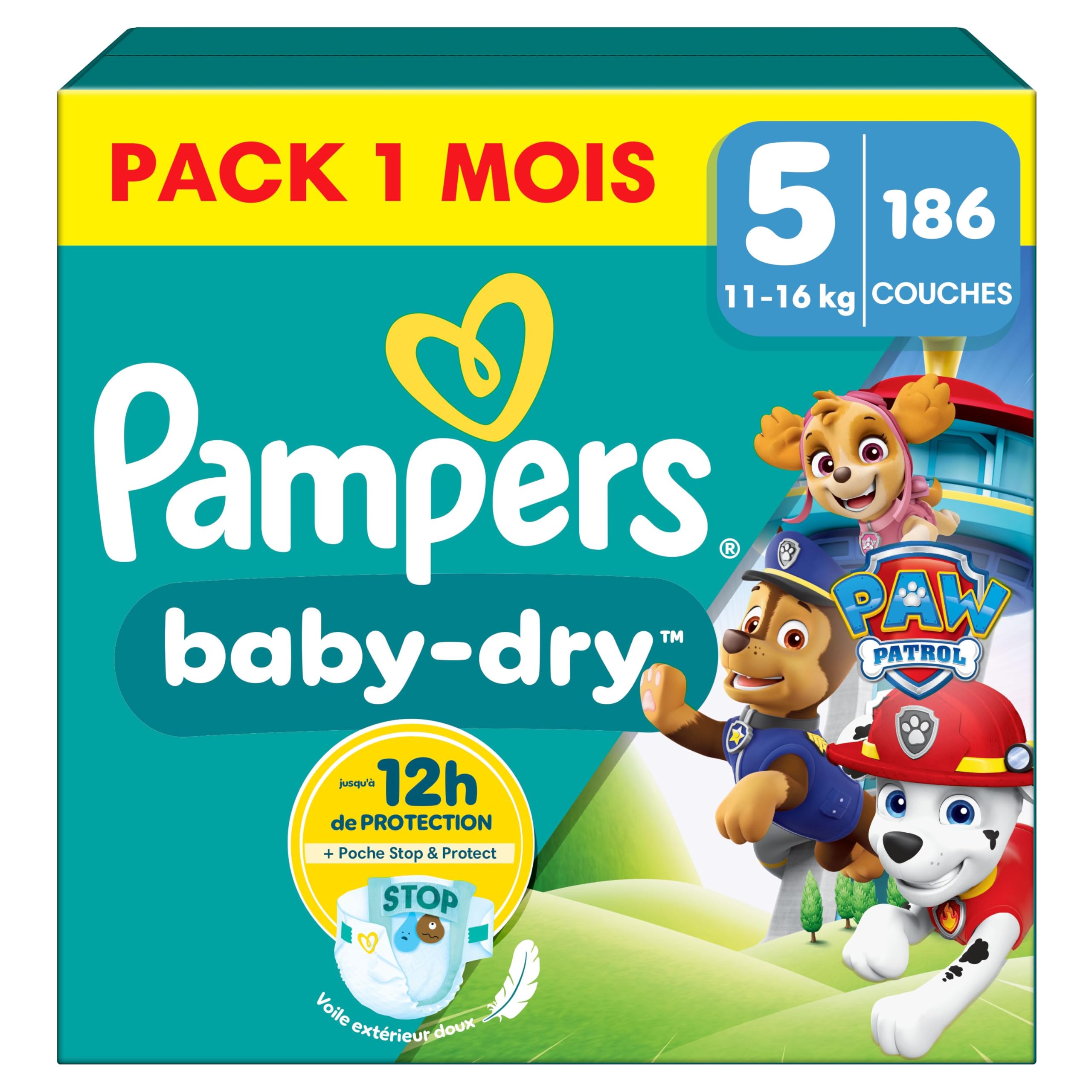 Pampers Baby-Dry, Taille 5, 186 Couches, 11-16kg, A La Rescousse Contre Les Fuites Grâce A Une Protection Intégrale Jusqu'à 12h, Edition Limitée avec La Pat’Patrouille, Pack 1 Mois