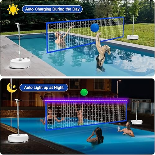Miniatura 2 de Juego de red de voleibol de piscina con luces LED, red de voleibol de energía solar con longitud ajustable de 15 pies a 32 pies para piscinas