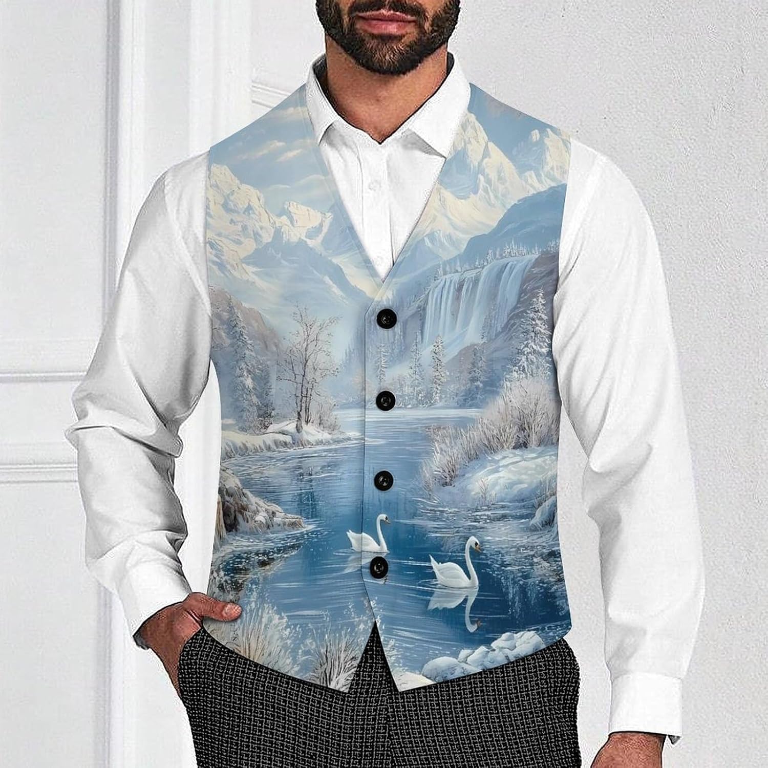 Winter Swans Snowy Mountain Lake Suit Vest for Men Casual Business Tuxedo Slim Fit Suit Vests Lightweight Waistcoat