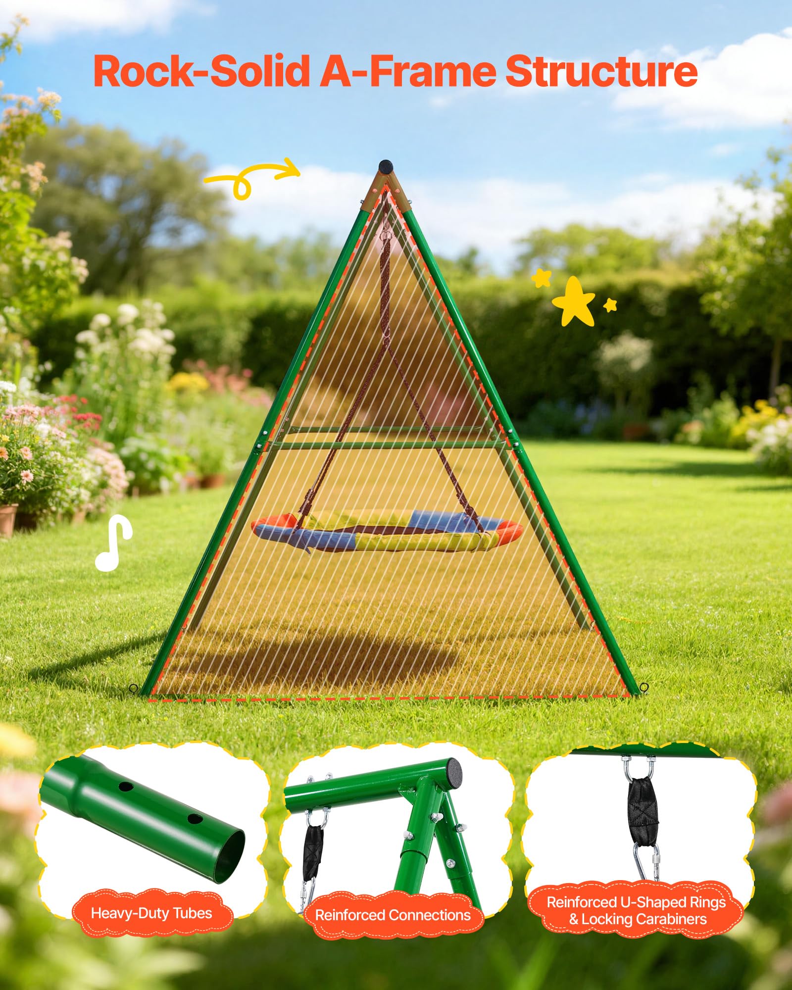 VEVOR Juego de Columpio Infantil Exterior, 184 x 180 x 181 cm, Juego de Columpio de Jardín para Niños, Capacidad de Carga 199,6 kg, con Asiento Nido Estacas, Marco de Acero, para Terraza Patio, Verde