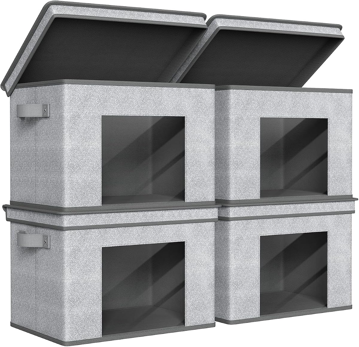 Fabric Storage Bins with Lids for Closet, 4 Pack, Grey | Fabric Foldable Storage Boxes, Sturdy Collapsible Storage Bins with Clear Window, Storage Bins for Home, Closet, Shelves