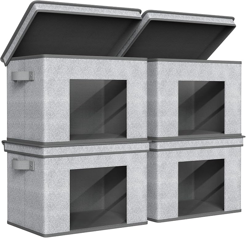 Fabric Storage Bins with Lids for Closet, 4 Pack, Grey | Fabric Foldable Storage Boxes, Sturdy Collapsible Storage Bins with Clear Window, Storage Bins for Home, Closet, Shelves