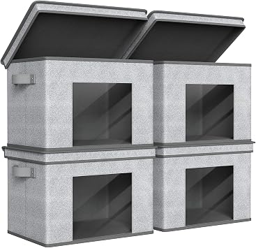 Univivi Fabric Storage Bins with Lids for Closet, 4 Pack, Grey | Fabric Foldable Storage Boxes, Sturdy Collapsible Storage Bins with Clear Window, Storage Bins for Home, Closet, Shelves