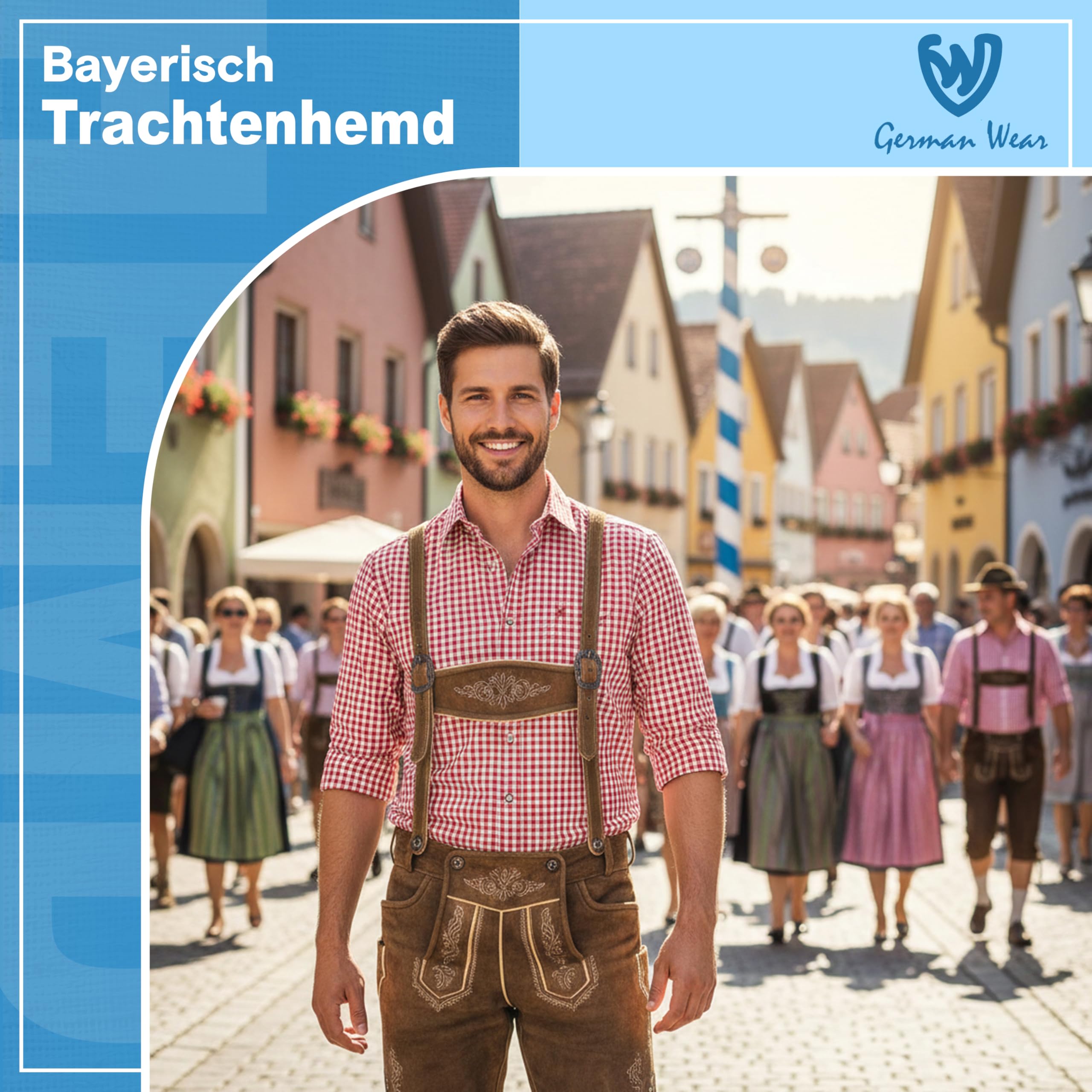 German Wear Trachtenhemden für Herren mit Langen Ärmeln, klassisches Karomuster, hochwertige bayerische Mode mit Hirsch-Stickerei und kardieten Ärmeln