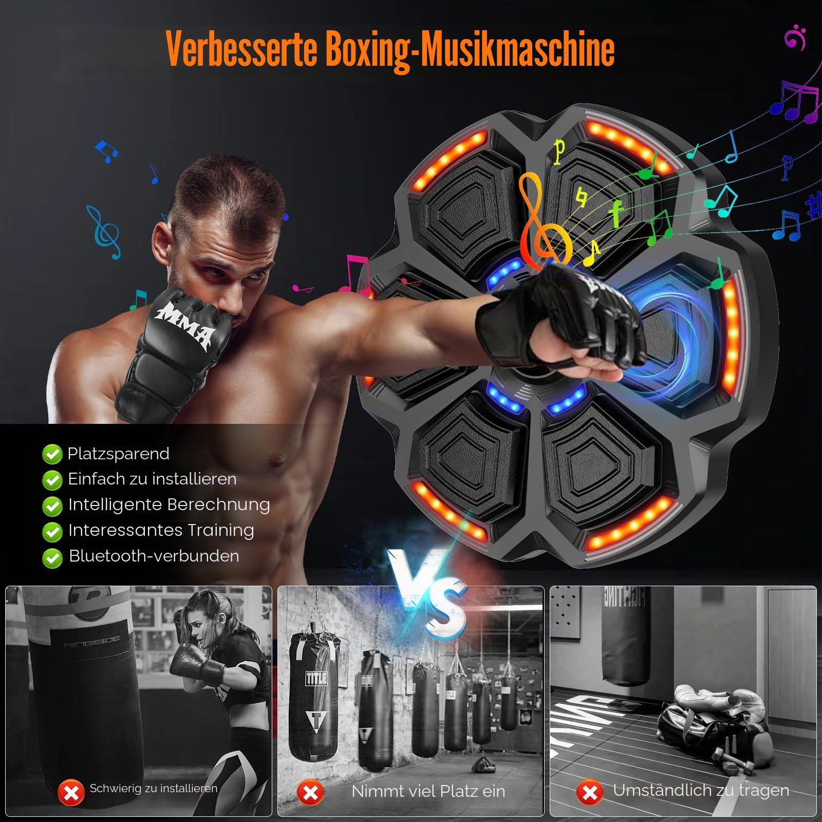 Music Boxing Machine für Erwachsene, 9 Geschwindigkeitsmodi, Musik-Boxmaschine Boxer mit Boxhandschuhen, LED Wand Schlagpolster mit Musik, unterstützt Bluetooth, Geschwindigkeitseinstellung