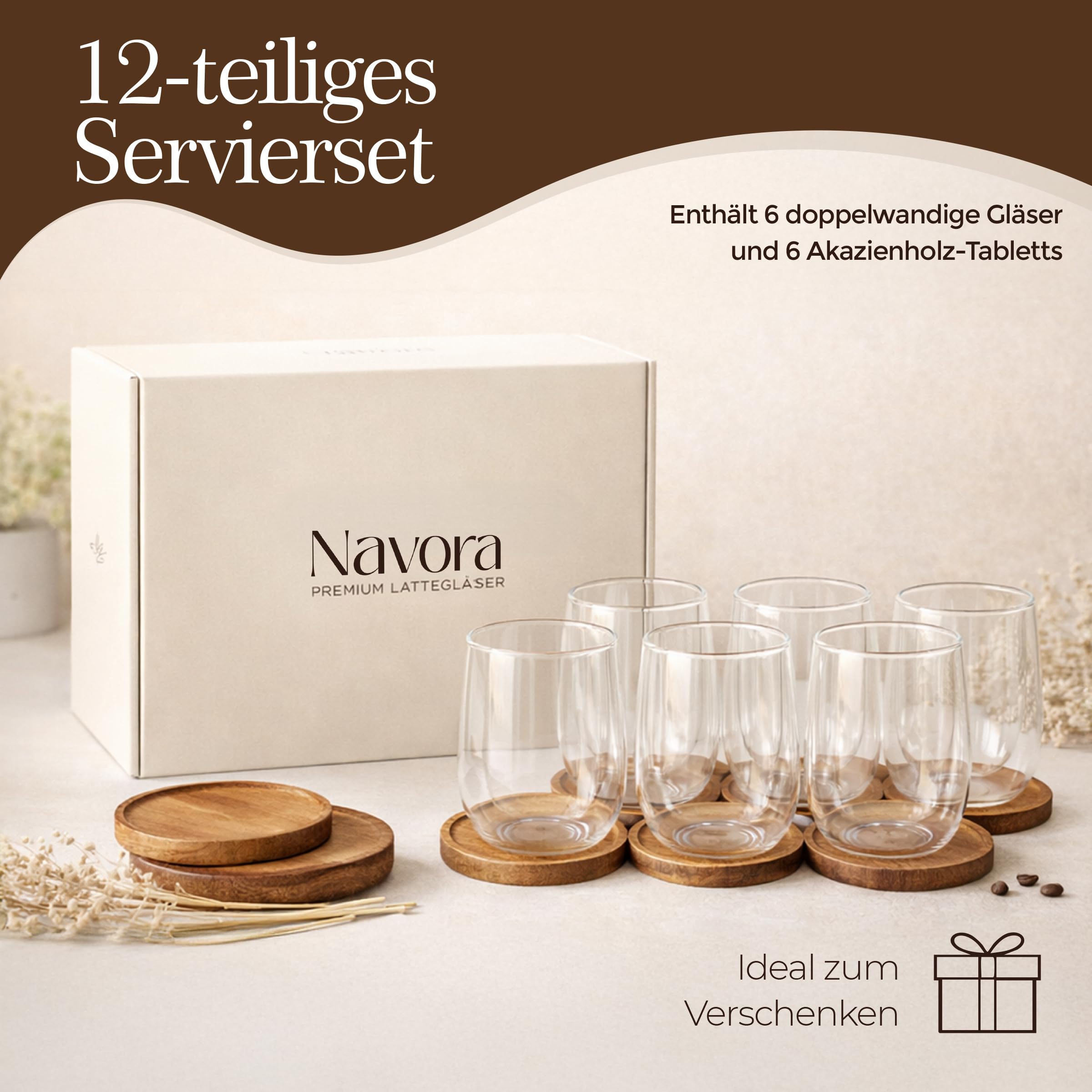 Latte Macchiato Gläser Doppelwandig 6er Set 350ml Akazienholz Tablett Thermogläser Cappuccino Kaffeegläser Borosilikatglas Hitzebeständig BPA frei Spülmaschinenfest