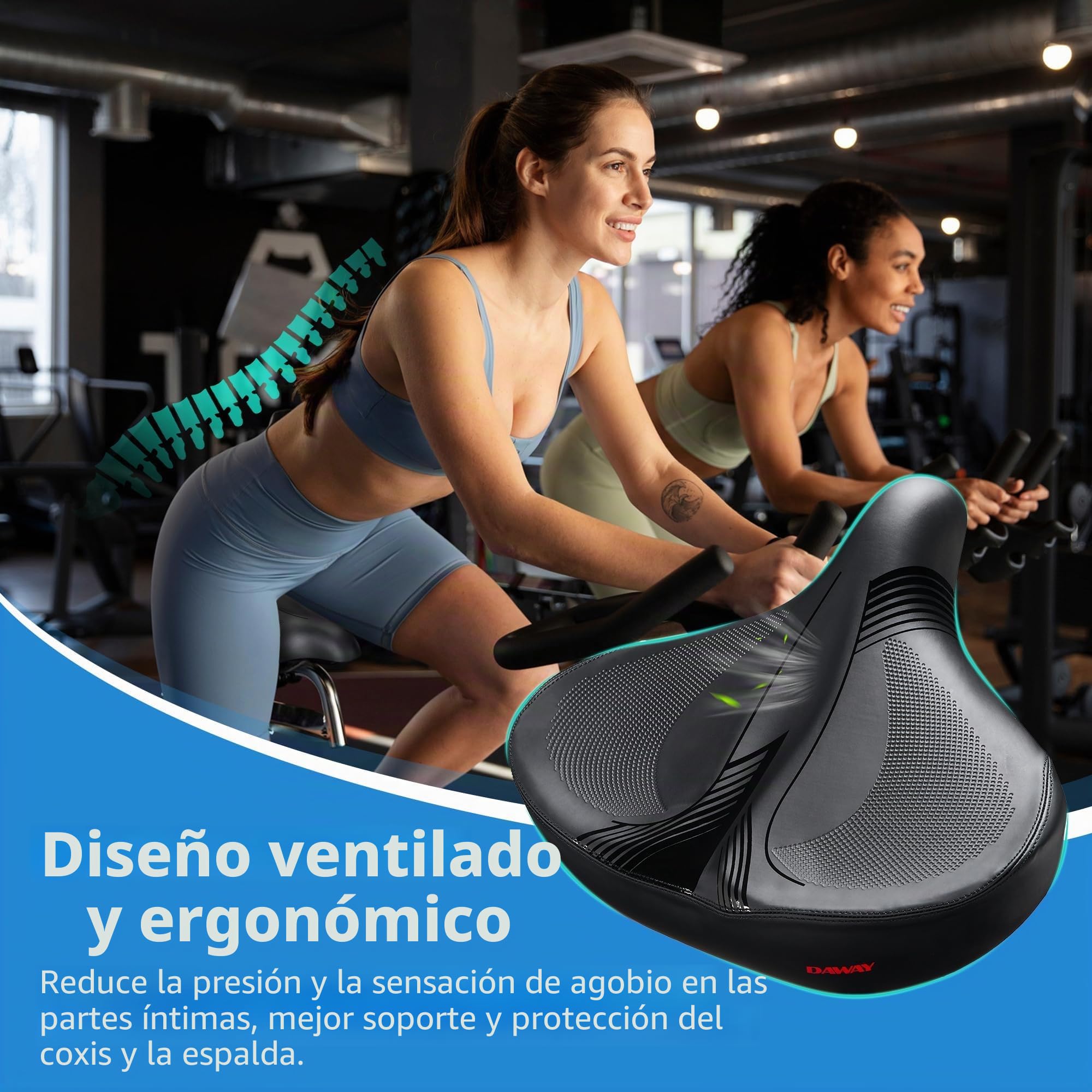 DAWAY W60 - Asiento de Bicicleta Extra Ancho, sillín de Espuma viscoelástica Ultra cómodo para Paseos en Interiores y Exteriores, ergonómico, con amortiguadores, Ajuste Universal para Peloton,