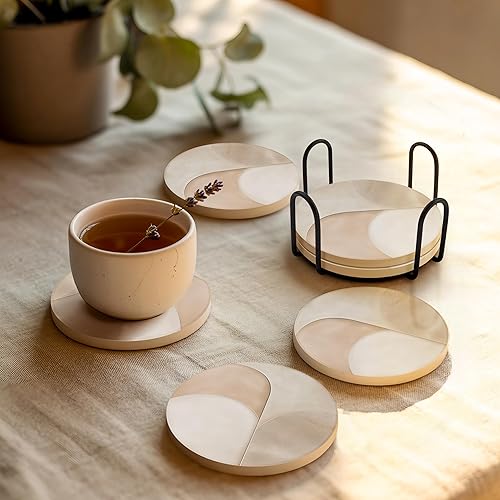 Miniatura 2 de VEYRO Juego de 4 posavasos para bebidas  Posavasos de cerámica absorbente con respaldo de corcho para mesa de café y escritorio, moderno juego de