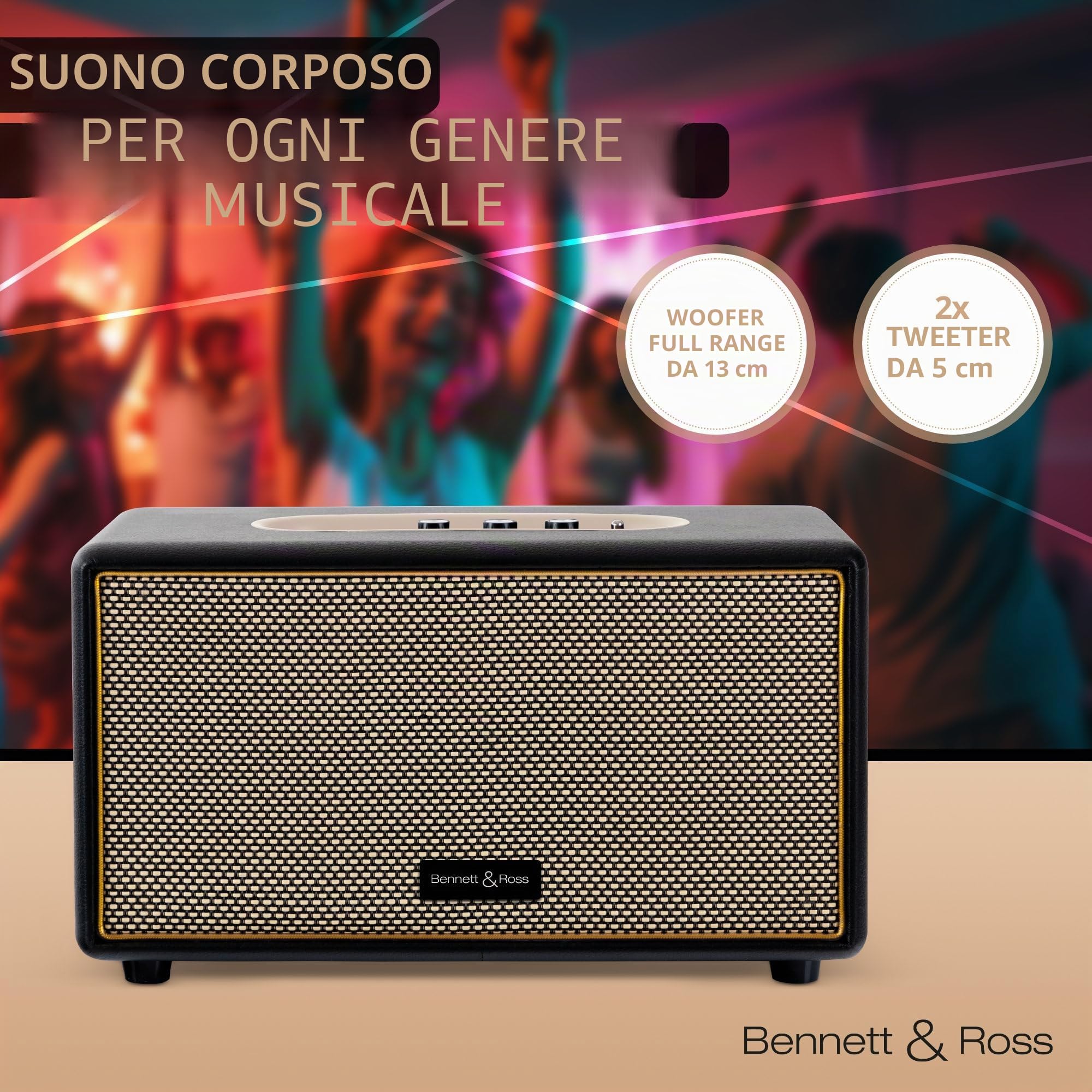 Bennett & Ross BB-860BK Blackmore altoparlante bluetooth retrò in pelle - Altoparlante vintage da 2x 30 W - Speaker ingresso USB con lettore MP3 - Jack da 3,5 mm e ingresso Aux - Cassa nero