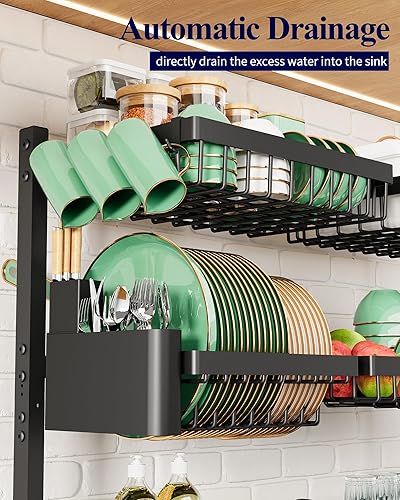 Miniatura 35 de Kitsure Escurridor de platos para encimera de cocina, artículos esenciales de organización y almacenamiento de fregadero de acero inoxidable con Gris