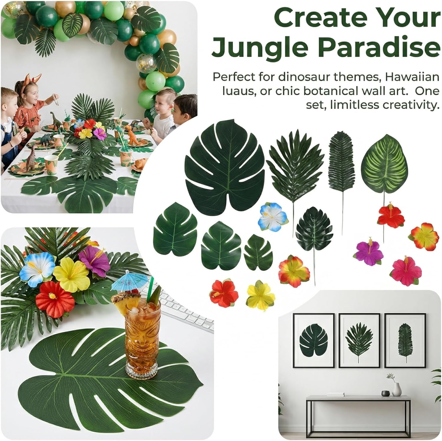 NUOBESTY 112pcs Artificial Palm Leaves with Stems Tropical Party Table Decorations Fake Hibiscus Flowers Monstera Leaf for Jungle Dinosaur Birthday Decor, Hawaiian Luau Supplies