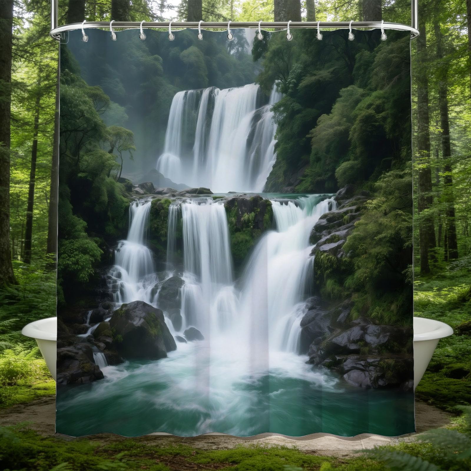 Hongduo 3D Forest Waterfall Landscape Shower Curtain for Stalls Bathtubs Natural Landscape Bathroom Decor Shower Curtain Set Polyester Fabric Waterproof 200x200cm/79X79 Inch with Hooks