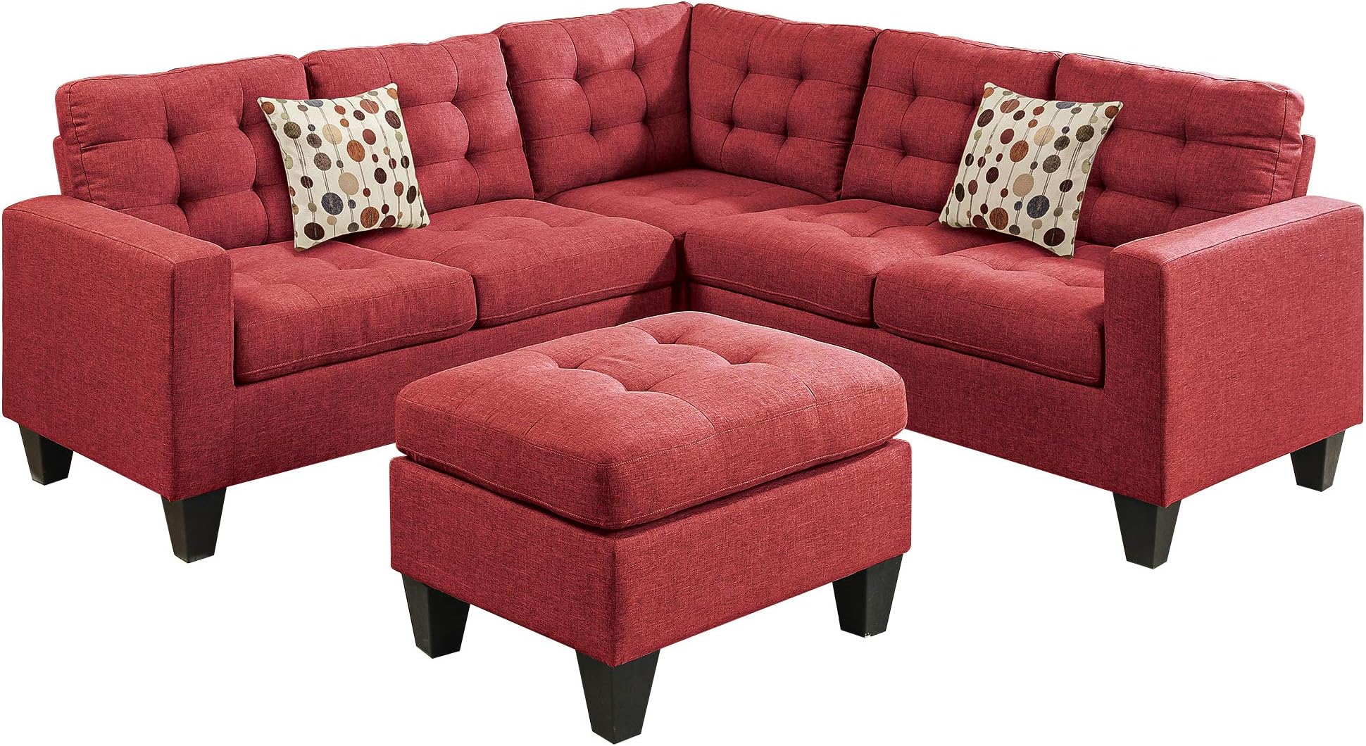 Poundex Bobkona Norton Linen-Like 4 Piece Sectional with Ottoman Set, Carmine