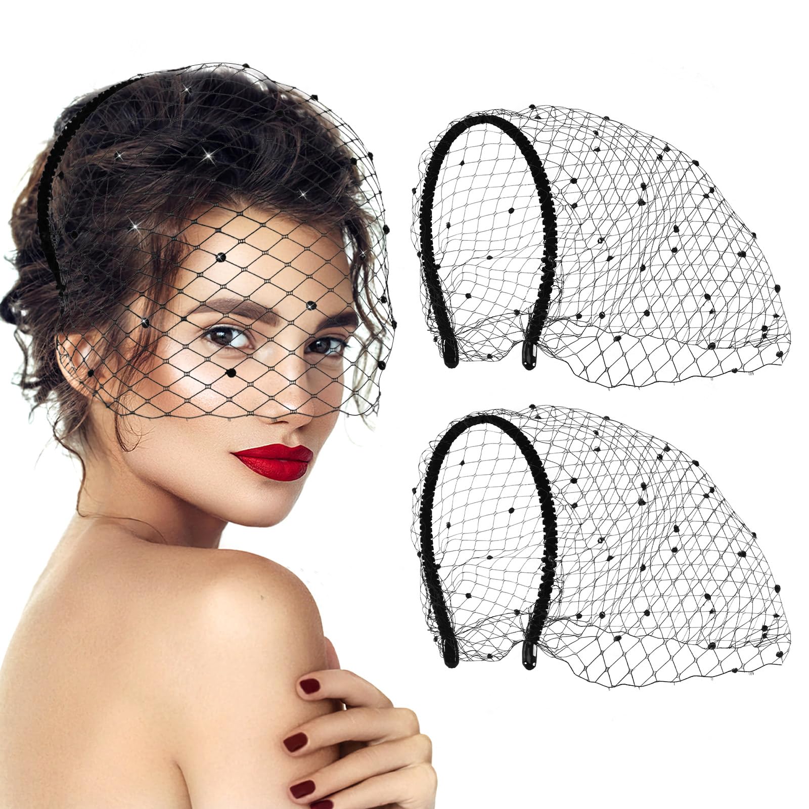 Jansun 2Pcs Black Veil Mesh Veil Headband 1920s Fascinator Headpiece Birdcage Veil Bridal Wedding Tea Party Fascinator Veil for Women Girl