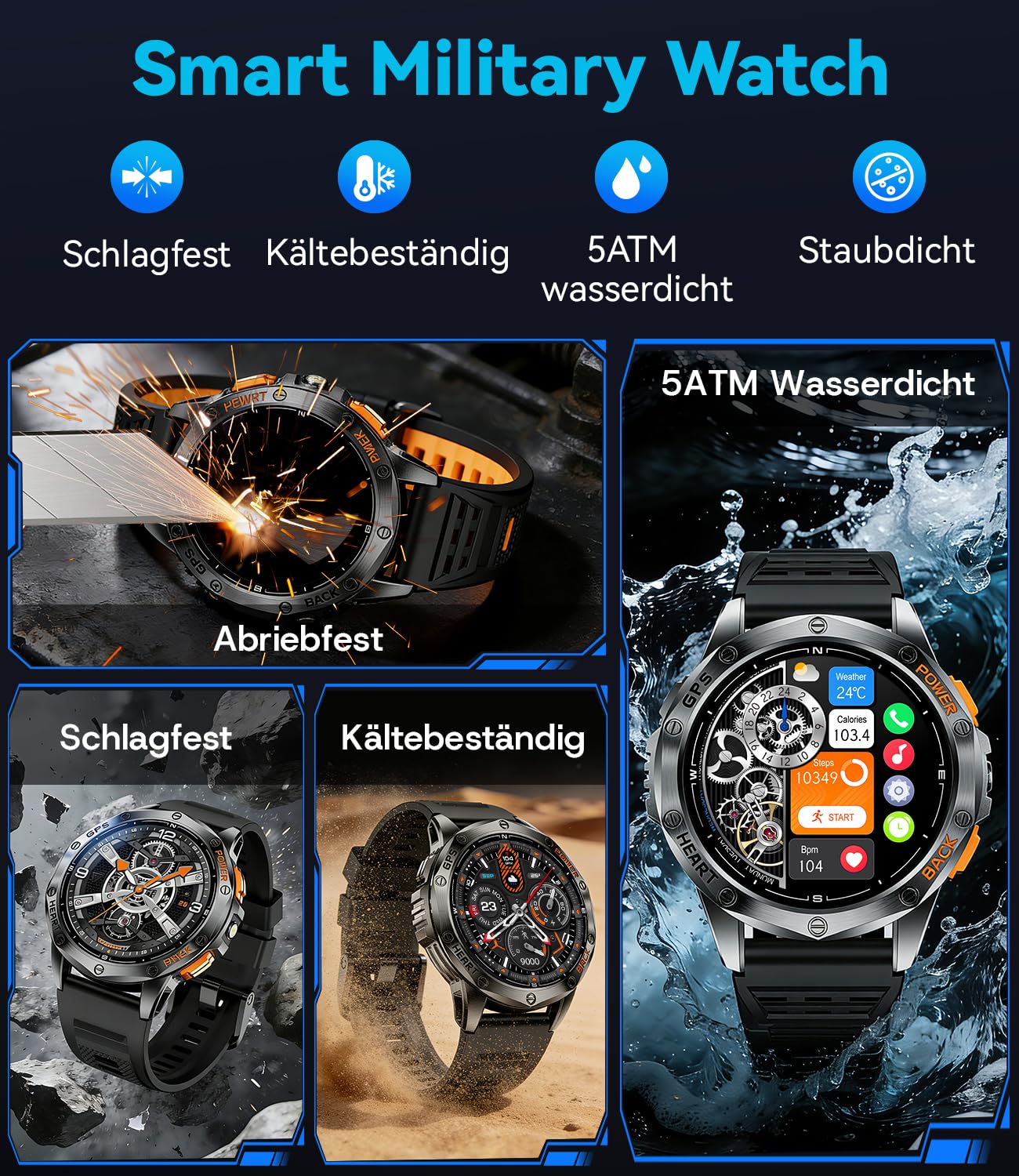 LIGE GPS Smartwatch Herren, Barometerdruck/Höhenmesser/Kompass, 1,43" AMOLED Smart Watch mit LED Taschenlampe/124 Sportmodi/10ATM/Bluetooth Anrufe/Gesundheitsmonitor für Android iOS, DM1-H
