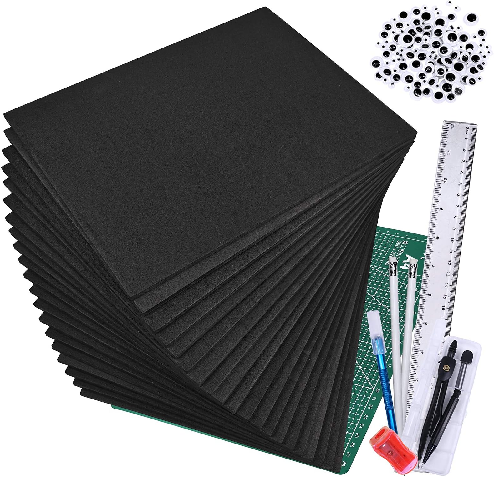 20 Pcs EVA Foam Sheets 6mm Craft Foam Cosplay Foam 9" x 12" Black Foam Boards with Cutting Mat Compass Hobby Knife Ruler Pencils for Cosplay Boy Scouts Halloween Crafts Projects Cushion