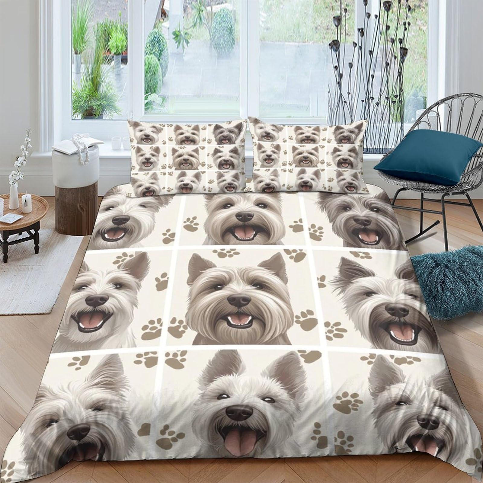 GPLZQXKJNH 3D Printed Westie Dog Paw Duvet Cover Set Microfiber Soft Breathable Animal Bedding Set with 2 Pillowcases for Bedroom Decor Single（135x200cm）