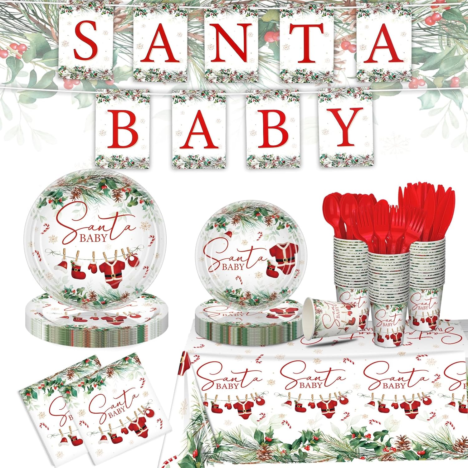 Zhehao 272 Pcs Santa Baby Shower Decorations Christmas Baby Shower Party Santa Tableware Set Disposable Tablecloths Plates Napkins Cups Forks Knives Spoons Banner for Party Decoration Supplies