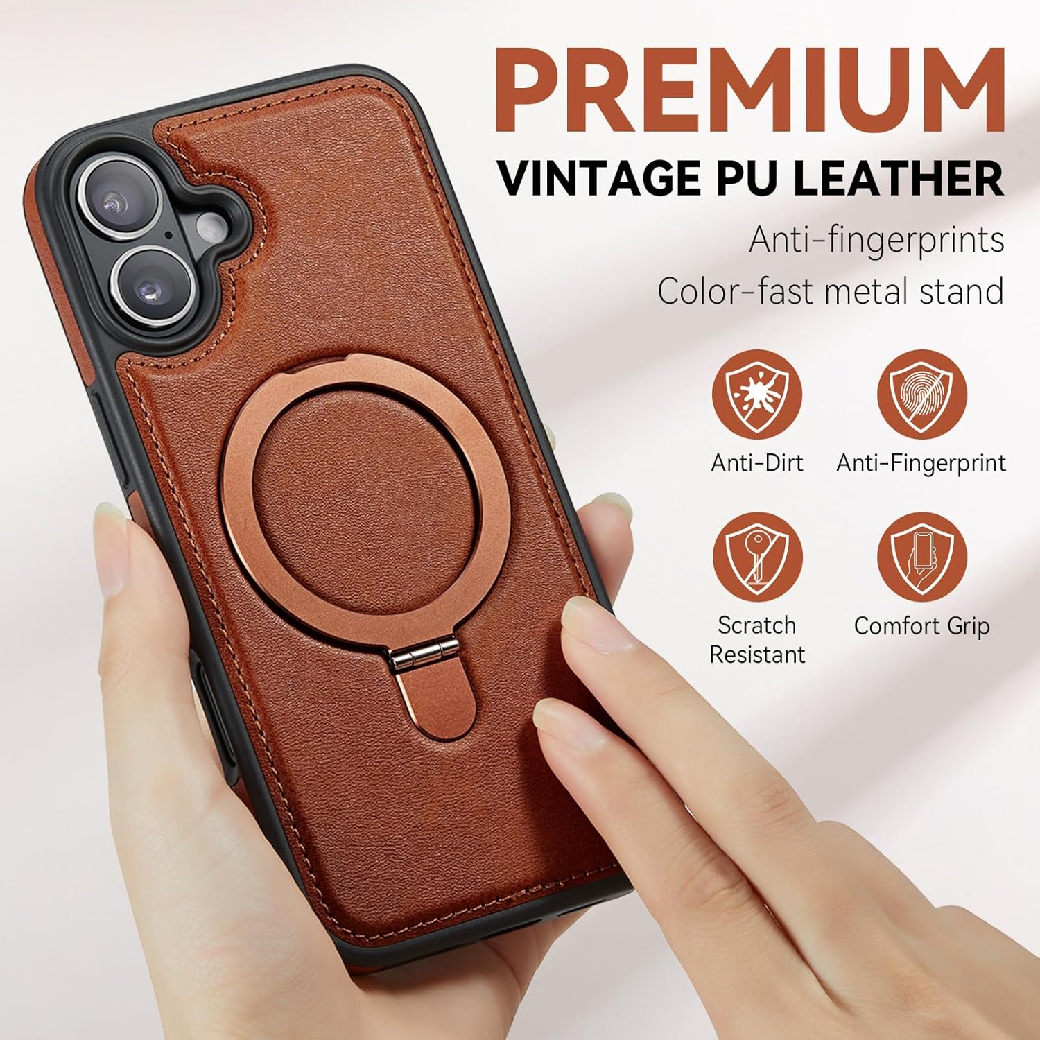 for iPhone 17 Case with Stand, Compatible with MagSafe, Slim PU Leather & Durable TPU Drop-Proof Protective Magnetic Kickstand Phone Cases with Tempered Glass Screen Protector 6.3", Brown - Image 7