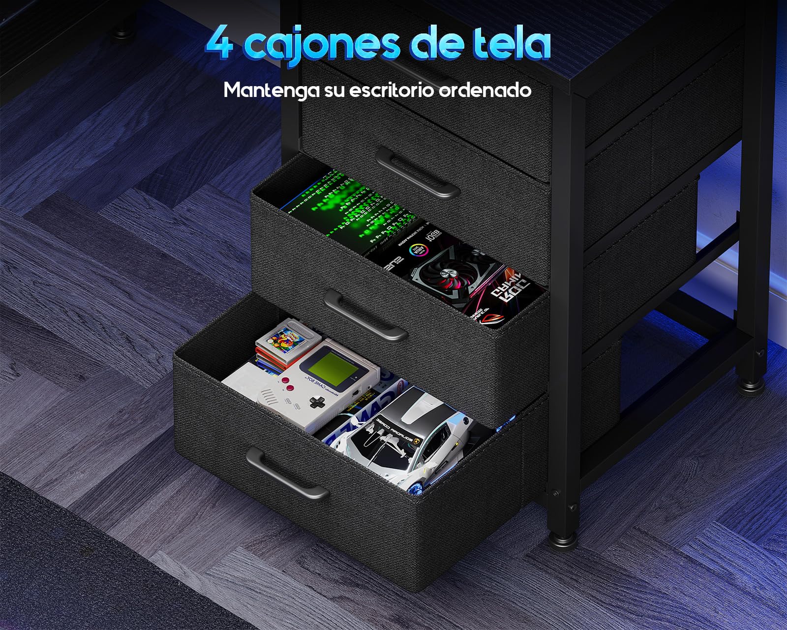 Coleshome Escritorio Gaming en L con 4 Cajones, 130x100cm Escritorio Gamer con LED y Enchufes, Escritorio Esquinero Mesa Gaming con Estanteria para Juegos Oficina en Casa, Negra