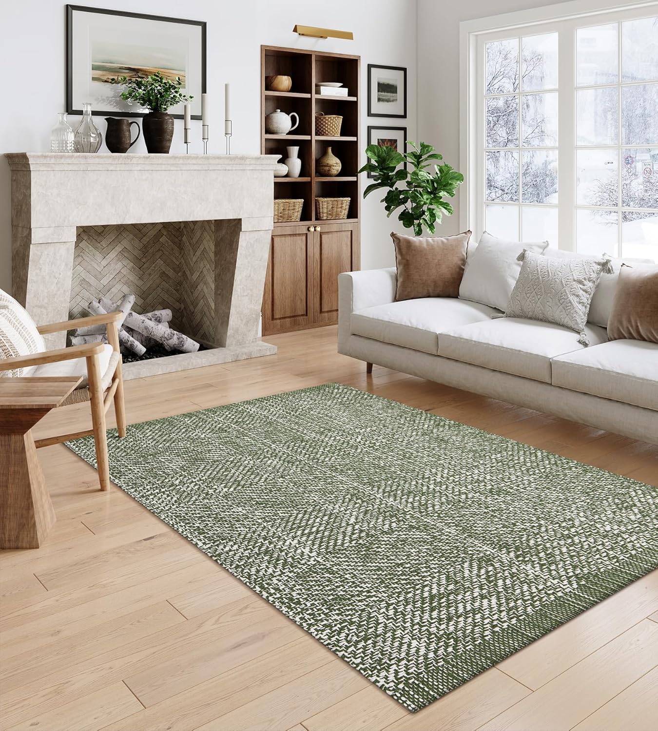 LEEVAN Washable Area Rug 4x6, Hand-Woven Cotton Living Room Rug, Green Braided Bedroom Rug, Farmhouse Indoor/Outdoor Floor Carpet for Patio, Nursery, Office, Playroom, Dining Room Green/Cream 4'x6'