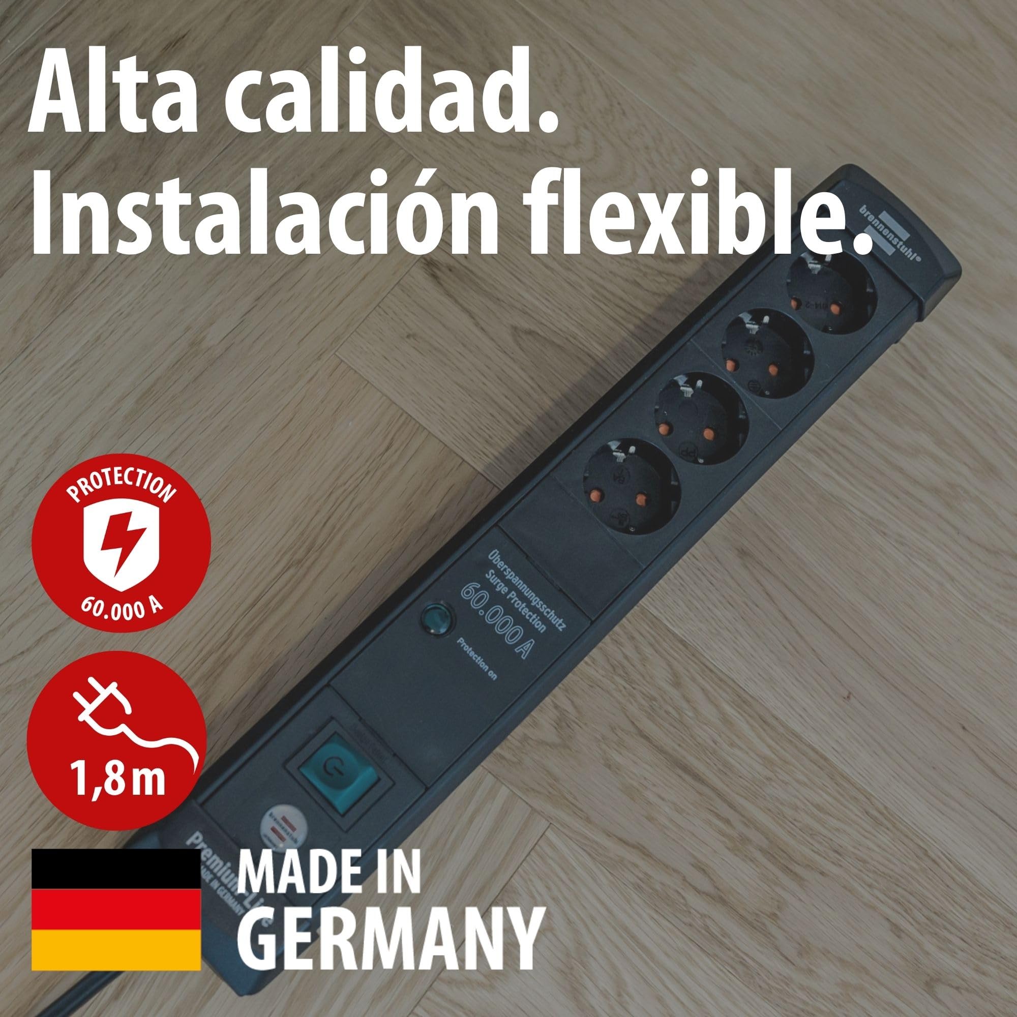 Brennenstuhl Premium-Line regleta enchufes de 4 Tomas con protección contra sobretensiones hasta 60.000A (Cable de 1,8m, Interruptor, montable, Fabricado en Alemania) Negro