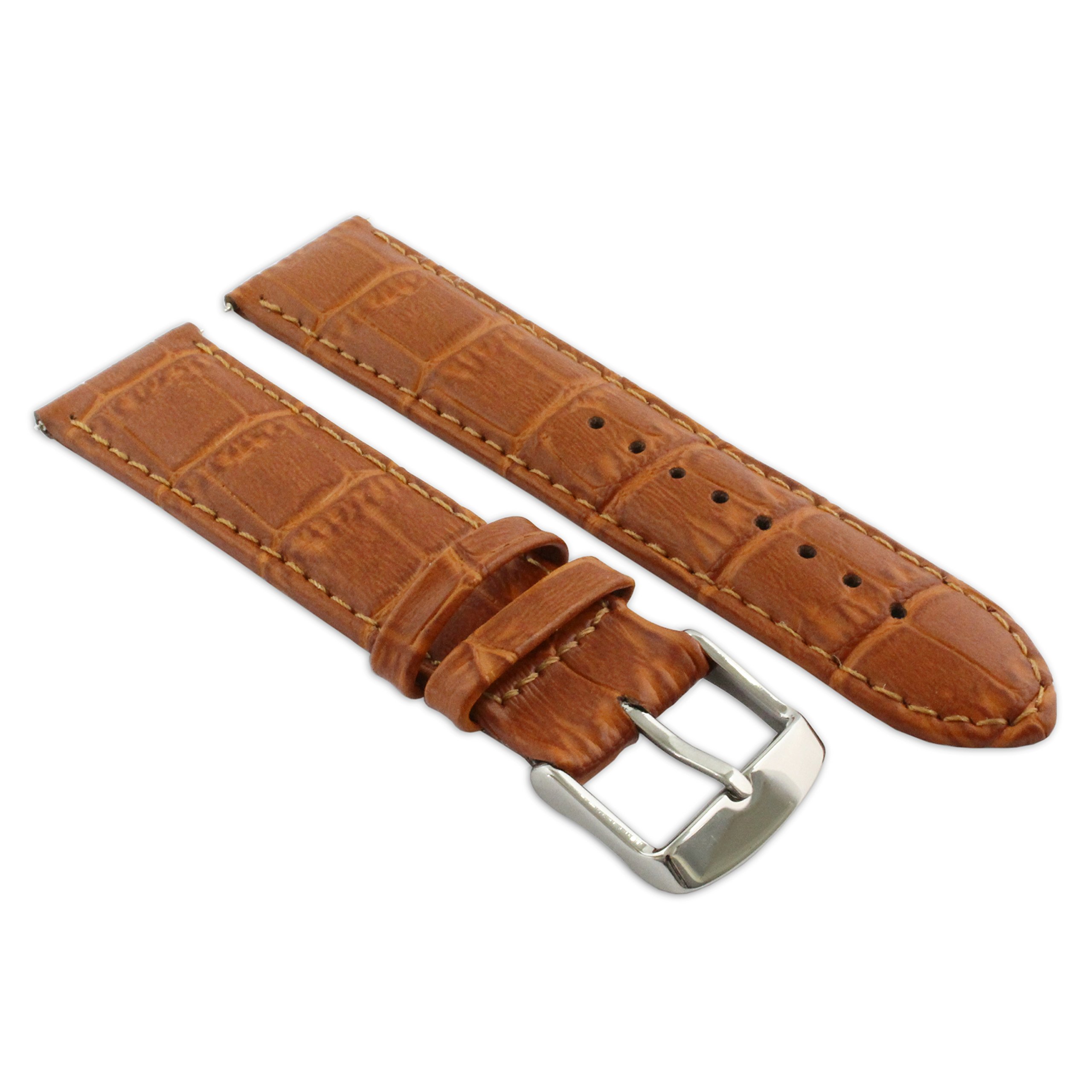 Jewellers Tools Men's Grain 24Mm Genuine Leather Mock Croc Watch Strap Band Crocodile Padded Ss Buckle Tan / Tan