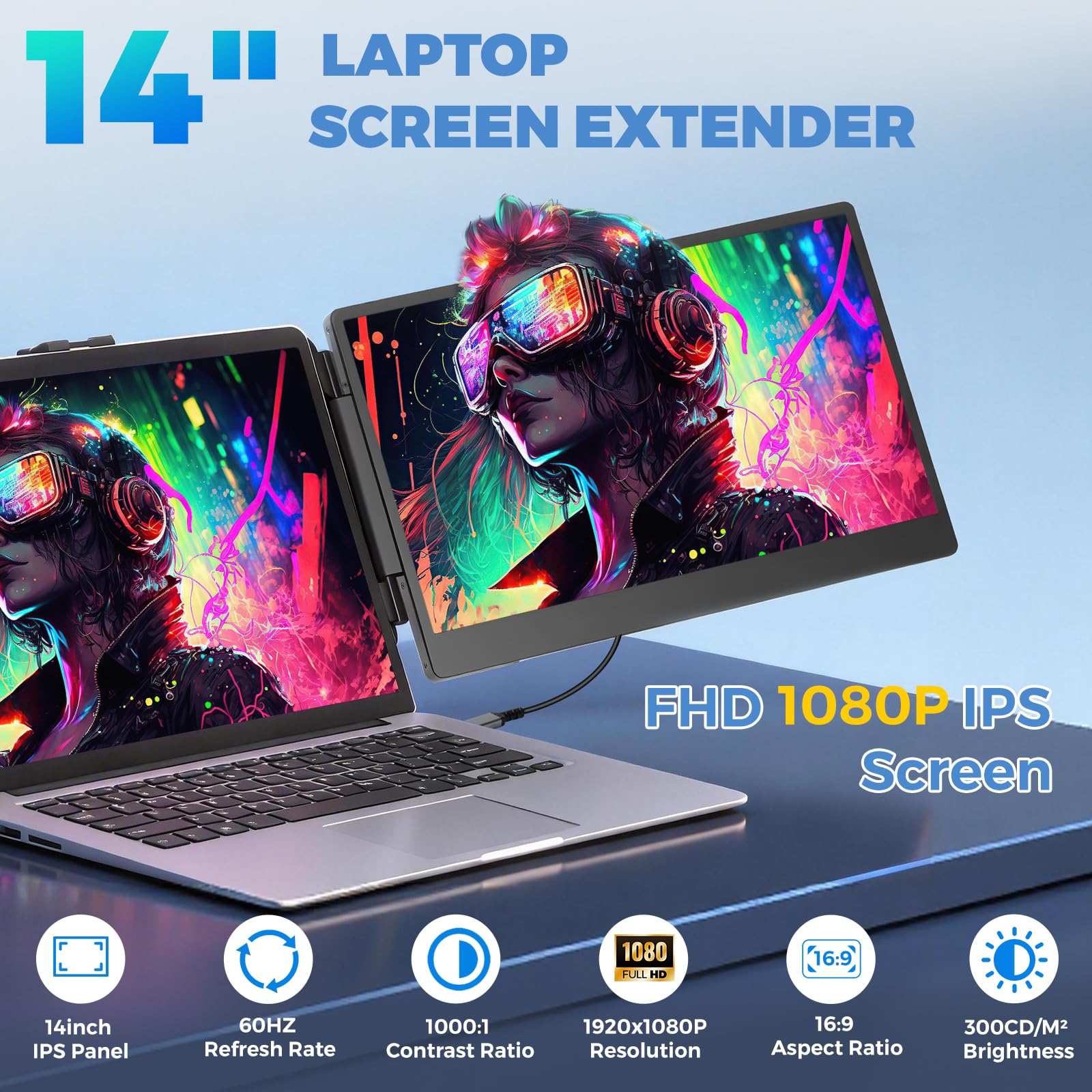 JoyReal Laptop Screen Extender, 14" FHD 1080P IPS Portable Monitor for Laptop, Triple Screen Extender Monitor USB-C/HDMI Plug-Play for Windows, Mac, Fit 13"-17.3" Laptops — view 2
