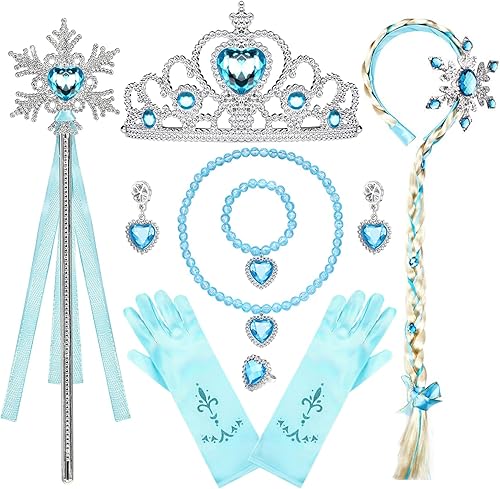 FUMY Juego de accesorios de princesa Elsa para niñas con disfraz de princesa, guantes, collar, aretes, pulsera y anillo de regalo