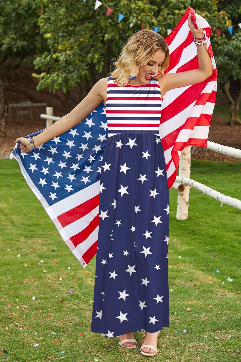 For G and PL Womens 4th of July Maxi Dress American Flag Sleeveless Long Dress with Pockets - Image 4