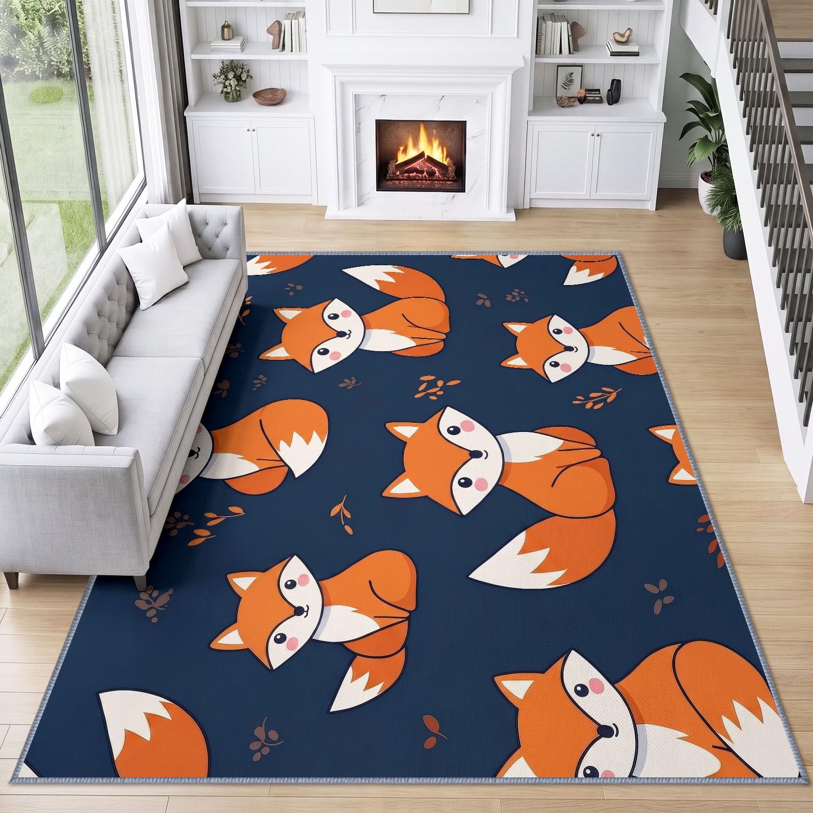 Scandinave Pastoral Tapis Salon 160 x 230 cm, Lavable Animal Renard Roux Feuilles Mortes Tapis à Faible Poil Chambre à Coucher Antidérapant pour Salle à Manger Chambre d'enfants Bureau à Domicile