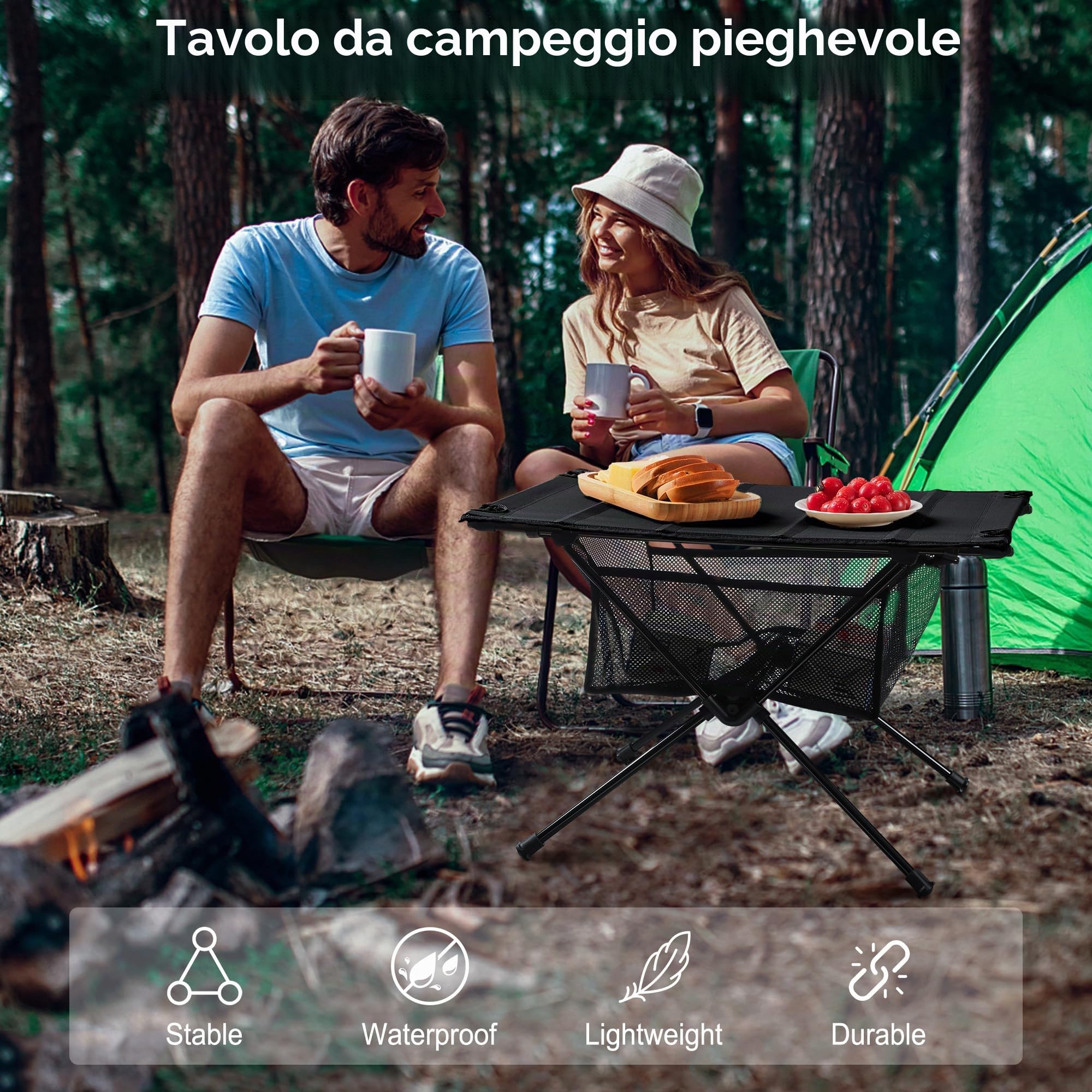 Tavolo Campeggio - Tavolo da Campeggio Pieghevole con Rete di Stoccaggio & Borsa di Trasporto | Piccolo & Ultra-Leggero (60 x 40 x 39,5 cm) | Ideale per Esterno, Barbecue, Pesca & Escursionismo