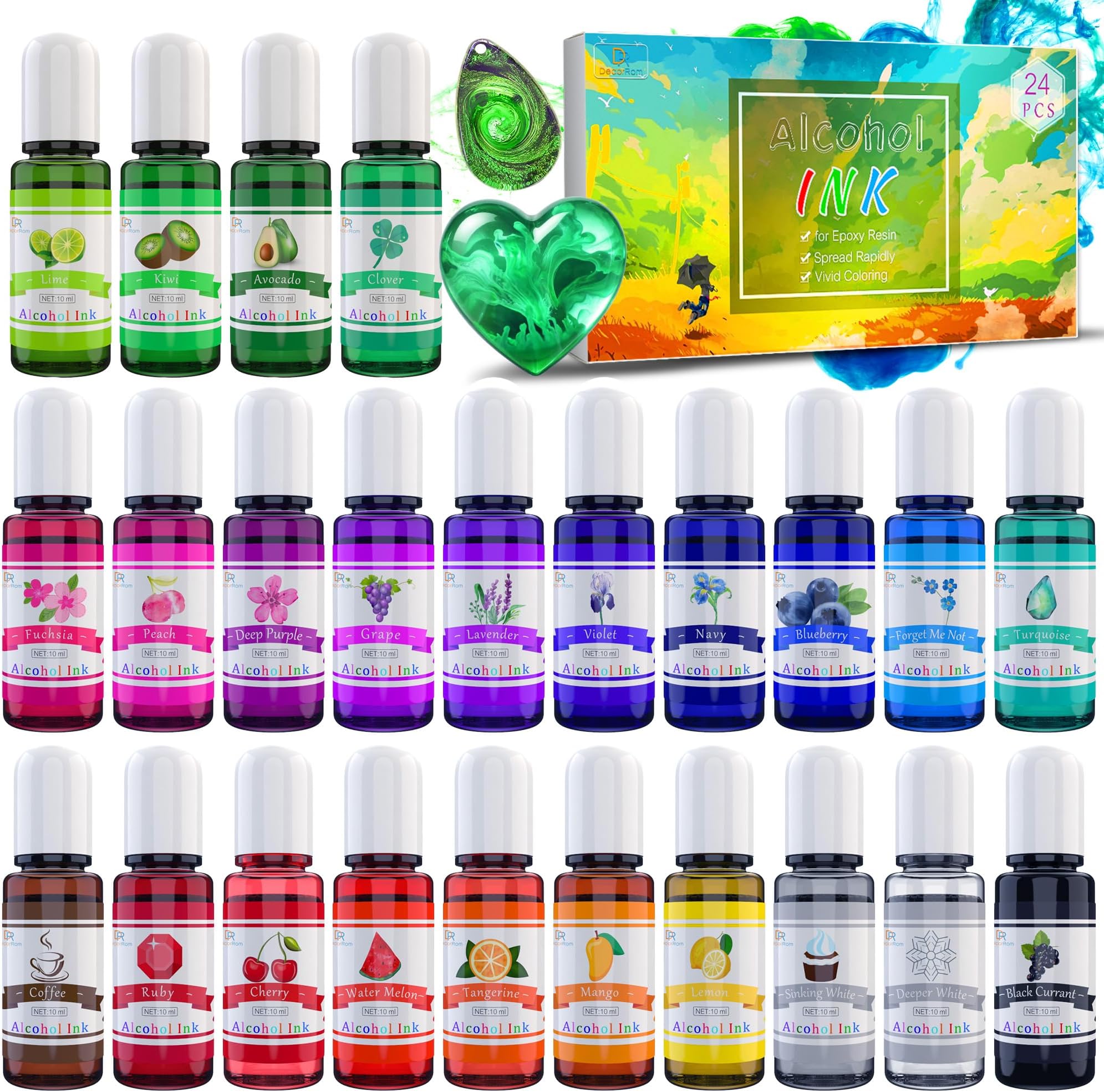 Alcohol Ink Set - 24 Vibrant Colours Alcohol-Based Ink for Petri Dish Making, Epoxy Resin Painting - Concentrated Alcohol Paint Colour Dye for Resin Art, Tumbler Making, Painting - 24 x 10ml