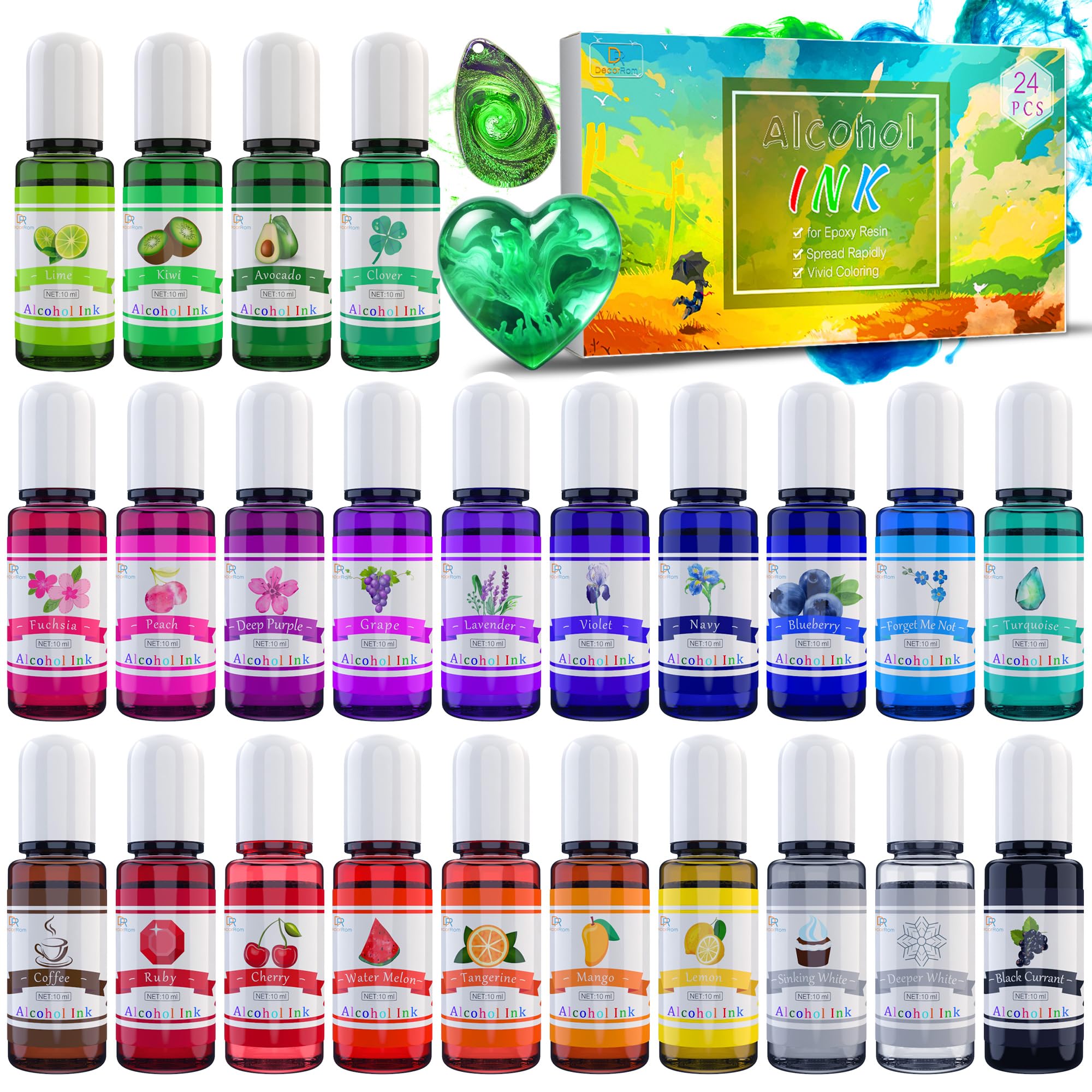 Alcohol Ink Set – 24 Colours Alcohol Ink for Painting Epoxy Resin, Manufacture Resin Petri Capsules – Concentrated Alcoholic Dye for Resin Art, Glasses, Painting – 24 x 10 ml-image-46