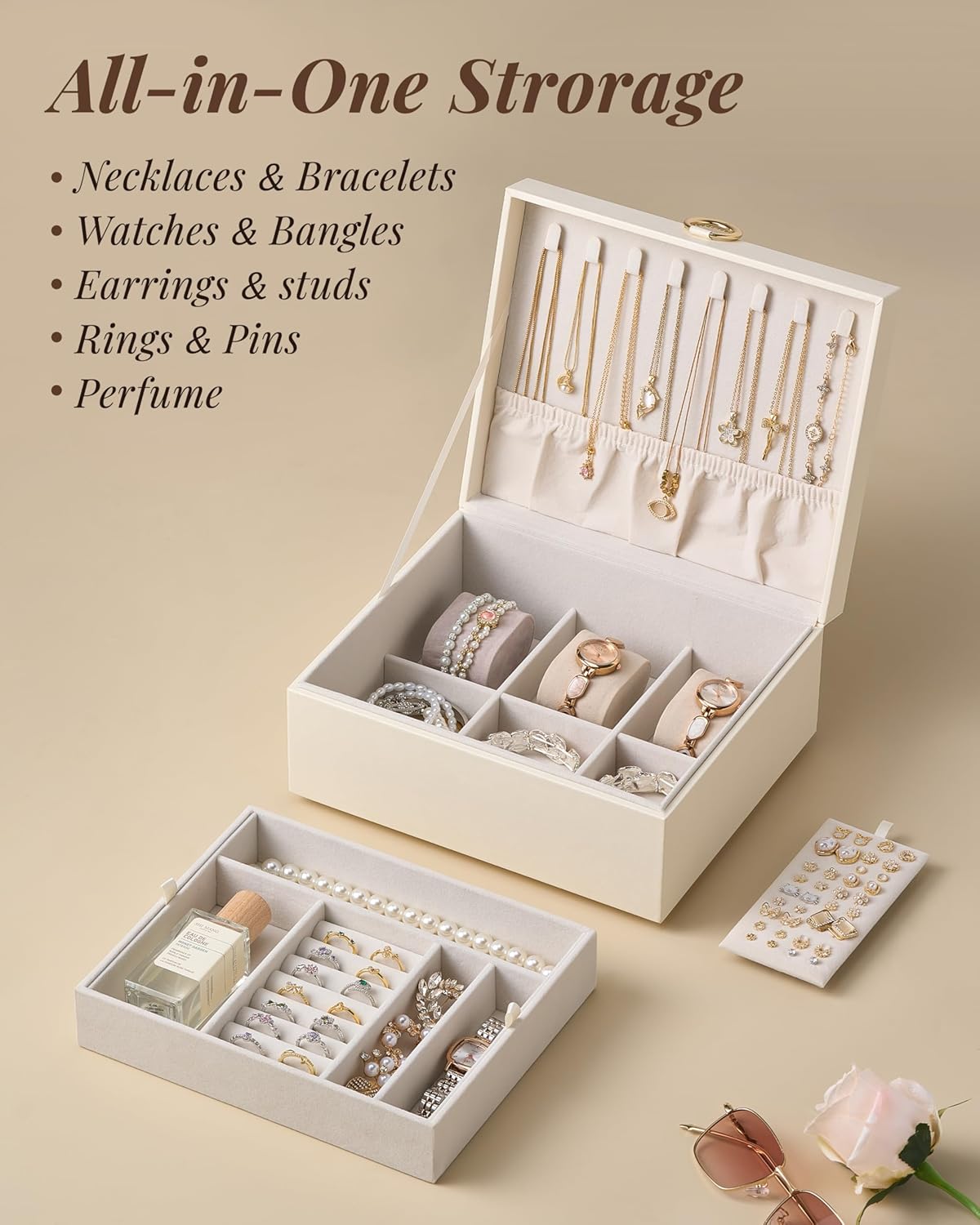 pickpiff 2 Layer Jewelry Box Organizer for Women, Jewelry Organizer with Handle & Removable Tray, Necklace Holder Ring Earring Storage, Velvet Lined Jewelry Case for Home or Travel, Gift Ready, Beige - Image 5
