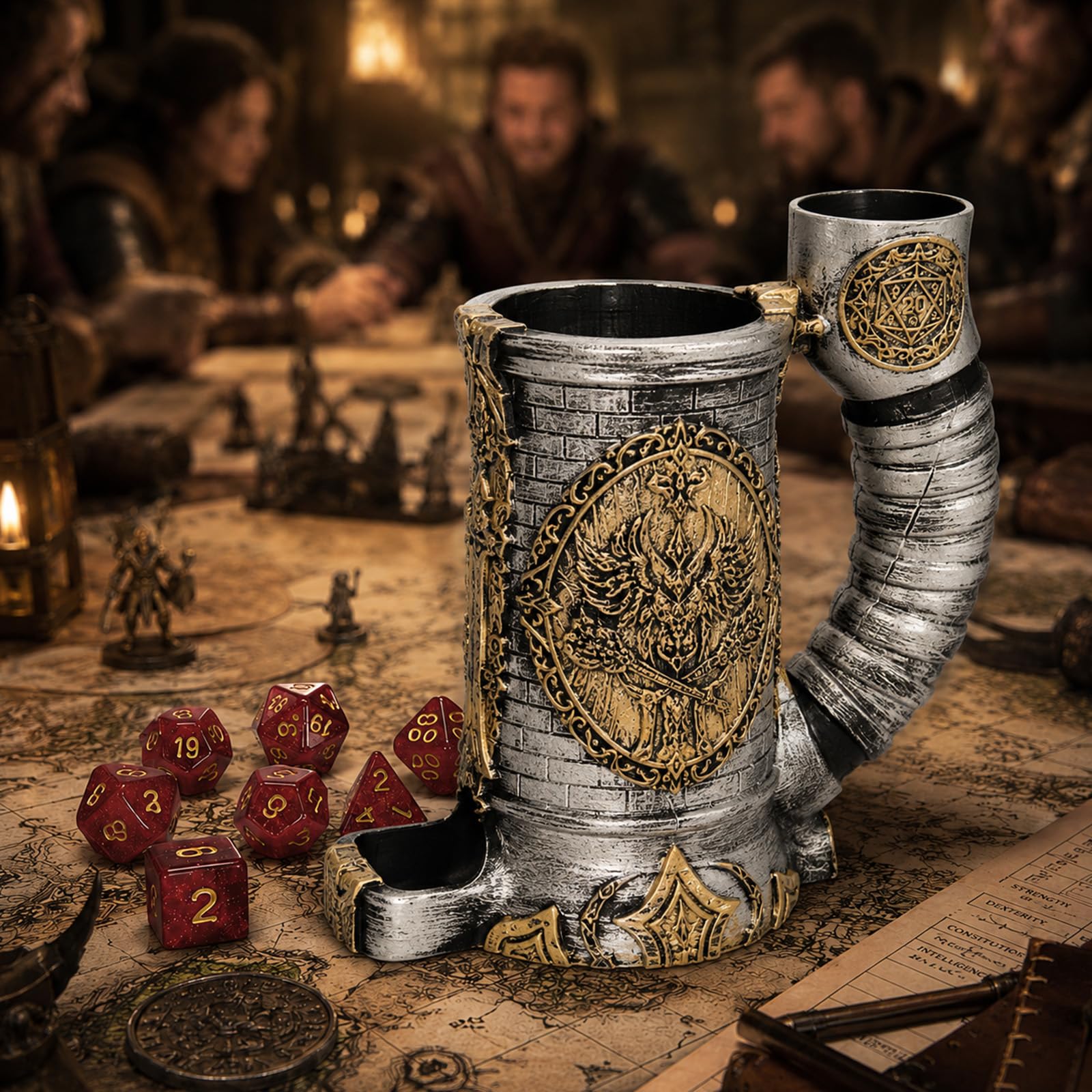 Tasse tour de dés, livrée avec un ensemble de 7 dés, convient pour les donjons et dragons DND, les jeux de table, disponible comme support de boisson, cadeaux D&D, accessoires DND (armure gris-doré)