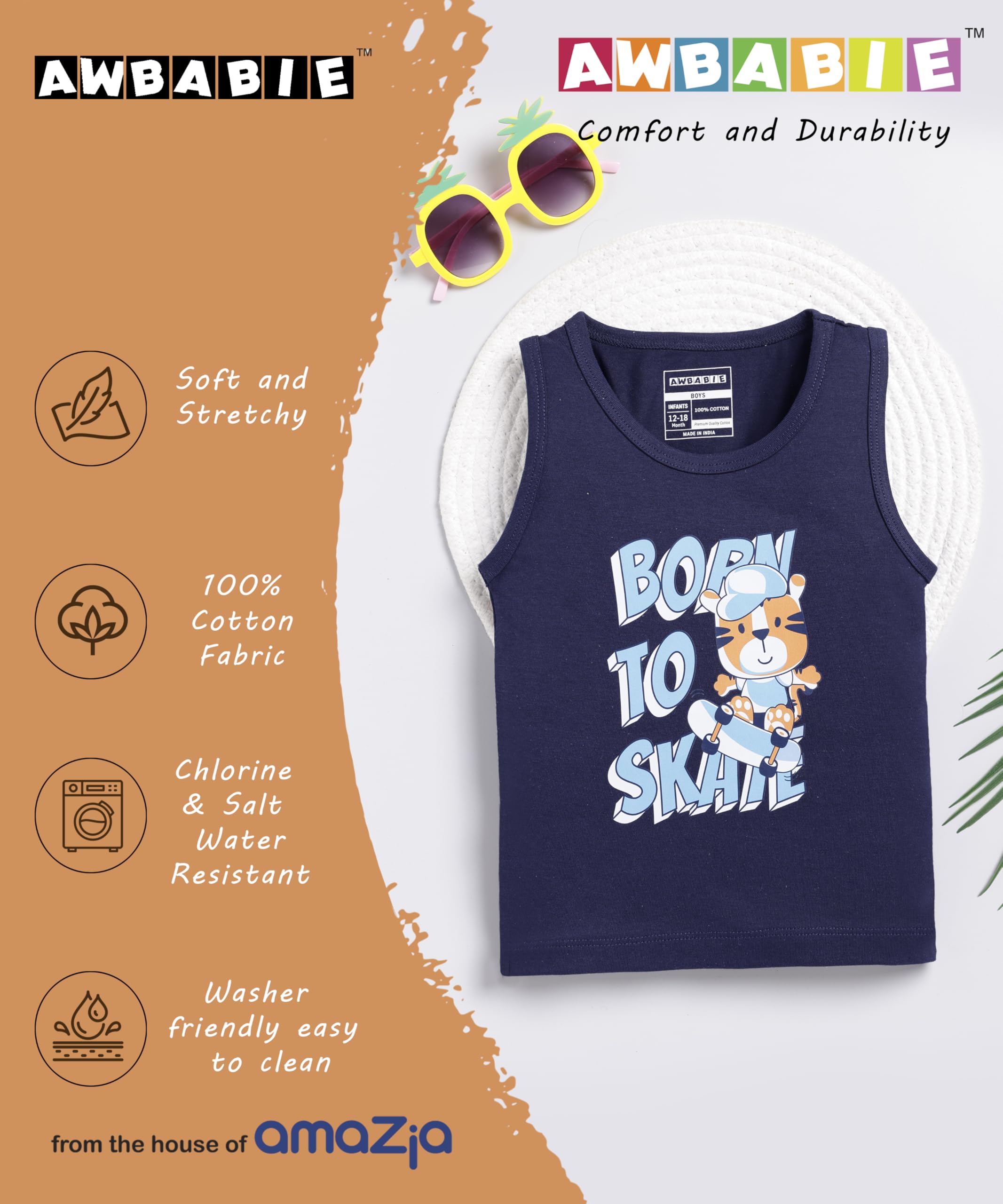 Awbabie Infant Boys' Sleeveless Top | 100% Cotton | Bio-Wash | 180 GSM Jersey | Soft & Gentle | Playful Graphic Print | Stylish & Comfortable | Naval Academy | 6-9M - Image 5 thumbnail