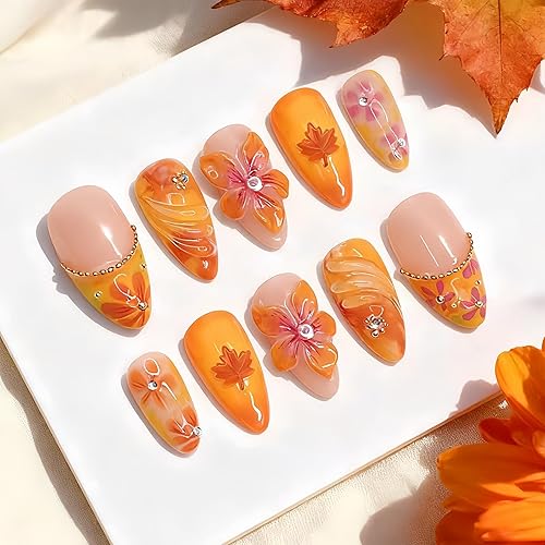 30Pcs Fall Press on Nails Medium Almond Orange French Tip