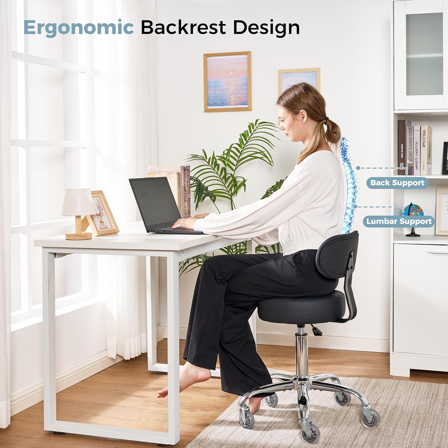 BEWISHOME Rolling Stool with Back Support, Heavy Duty Rolling Chair for Massage,Salon,Spa,Office, Height Adjustable 350lbs Weight Capacity Swivel Stool (Black) BYD11B - Image 4