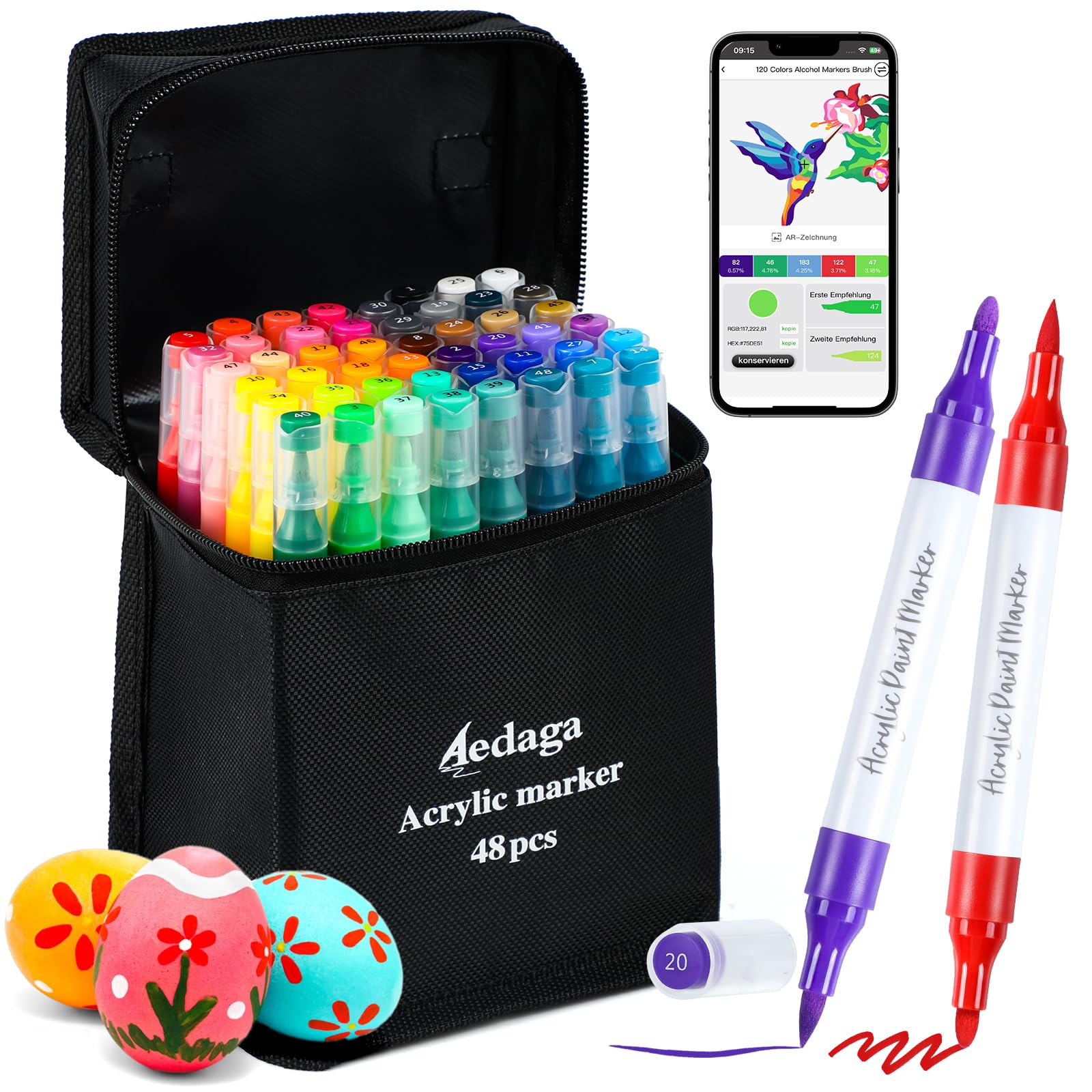 AEDAGA ‌Acrylstifte Set mit App, Doppelspitze Acrylic Marker (Pinsel und Feine Spitze), Acrylfarben Set Stifte für Erwachsene, Kinder, Eier, Holz, Stein, Leinwand, Plastik, Glas, Keramik