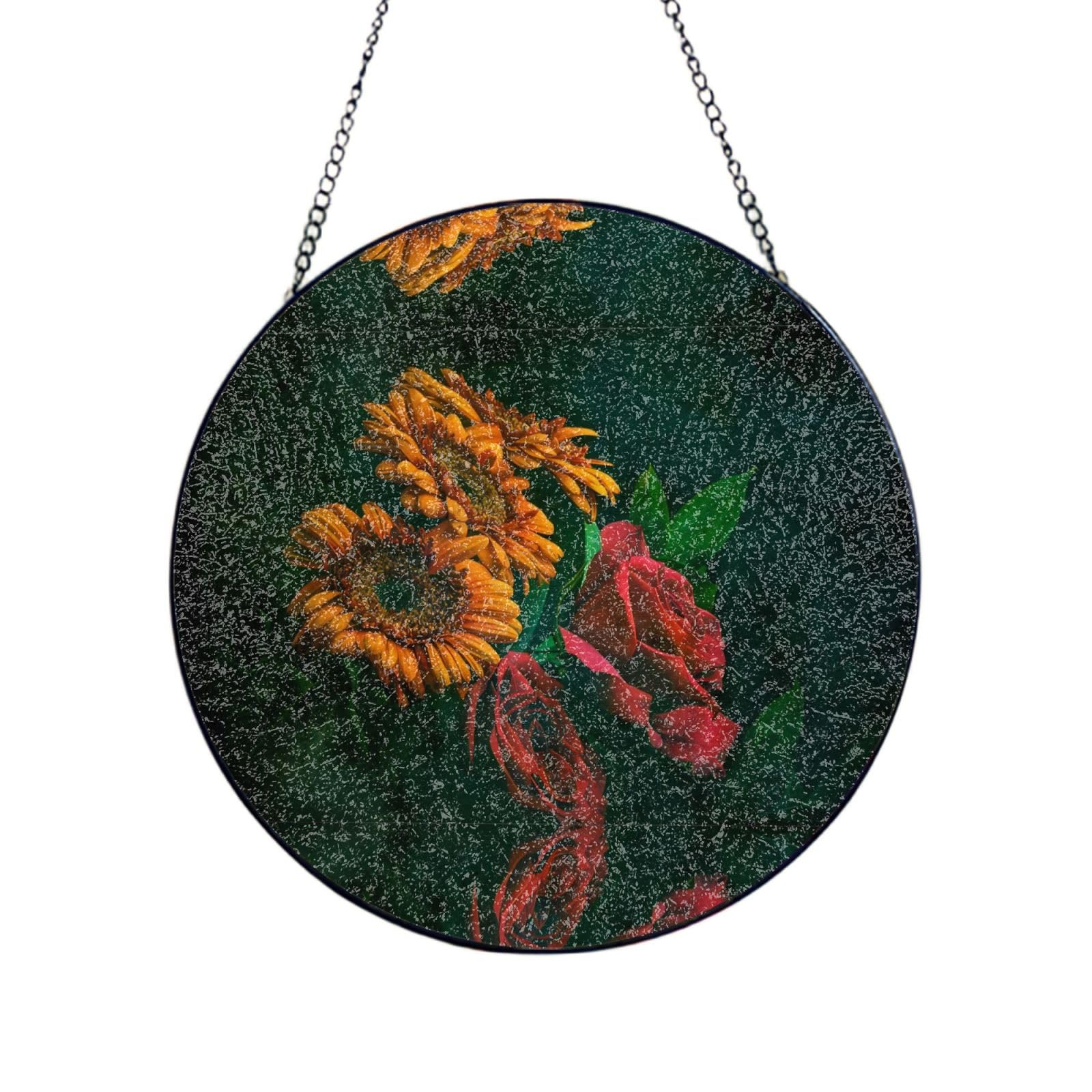 Phayah Sunflower And Rose Print Glass Window Hanging Sun Catchers Suncatcher Decor For Birthday For Home Garden Porch 12in（30cm）