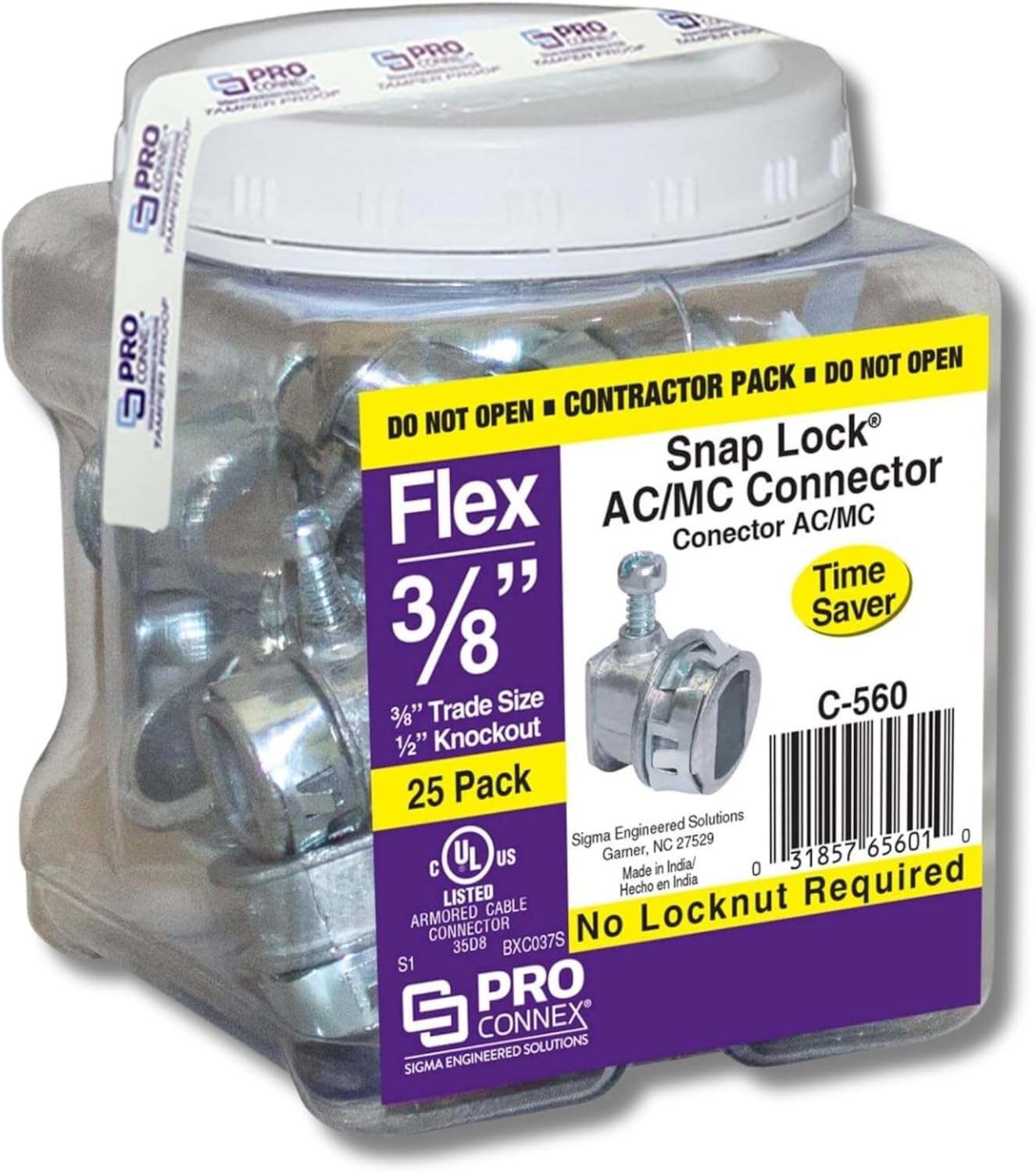 SIGMA ENGINEERED SOLUTIONS ProConnex C-560 Snap Lock AC/MC Connector 3/8" Silver, 25-Pack