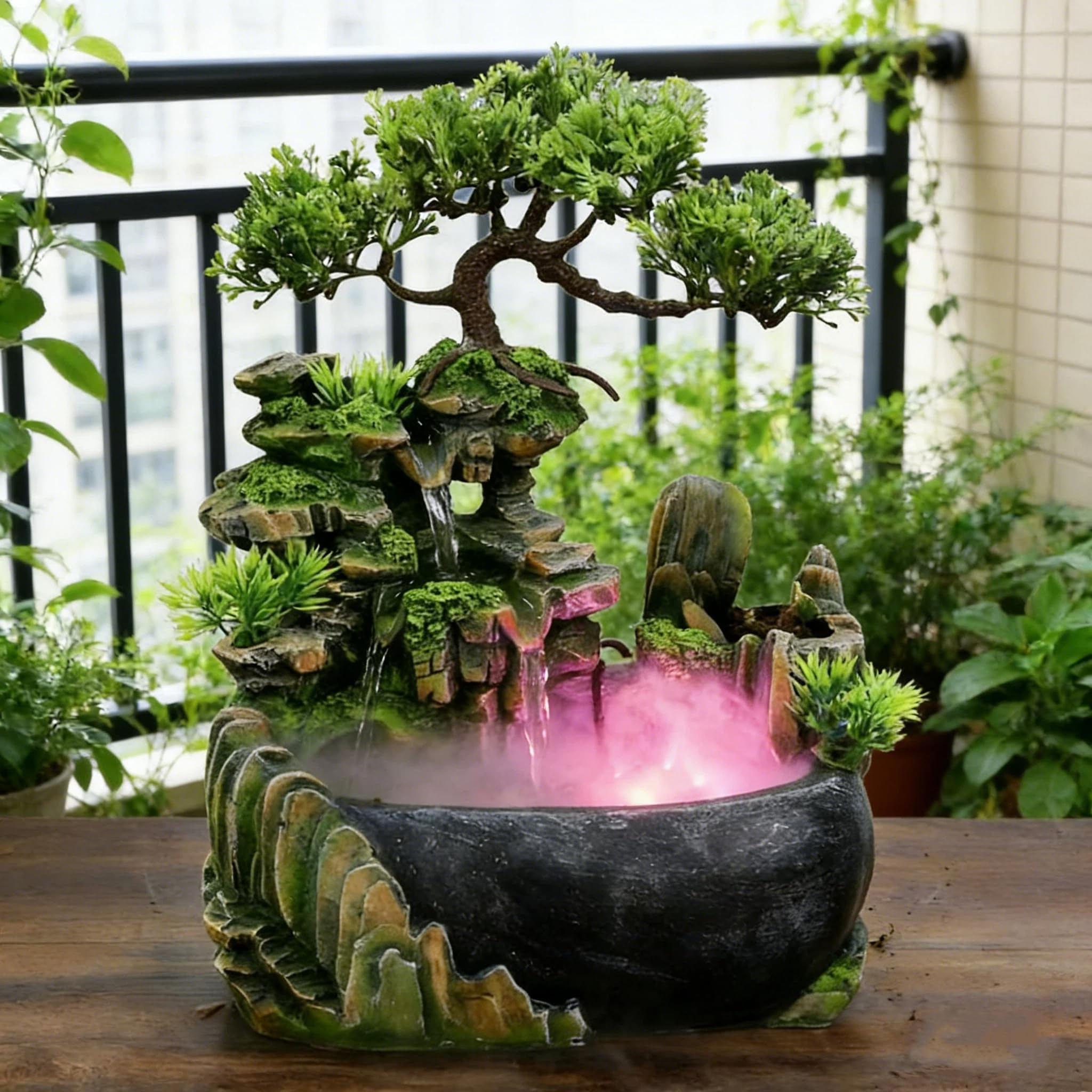 Kamerfontein met ledverlichting, verstuivende waterfontein voor rotstuin, Chinese Fengshui-ledlampen-waterval, kamerfontein, tuinfontein, groene plantenfontein, watervaldecoratie