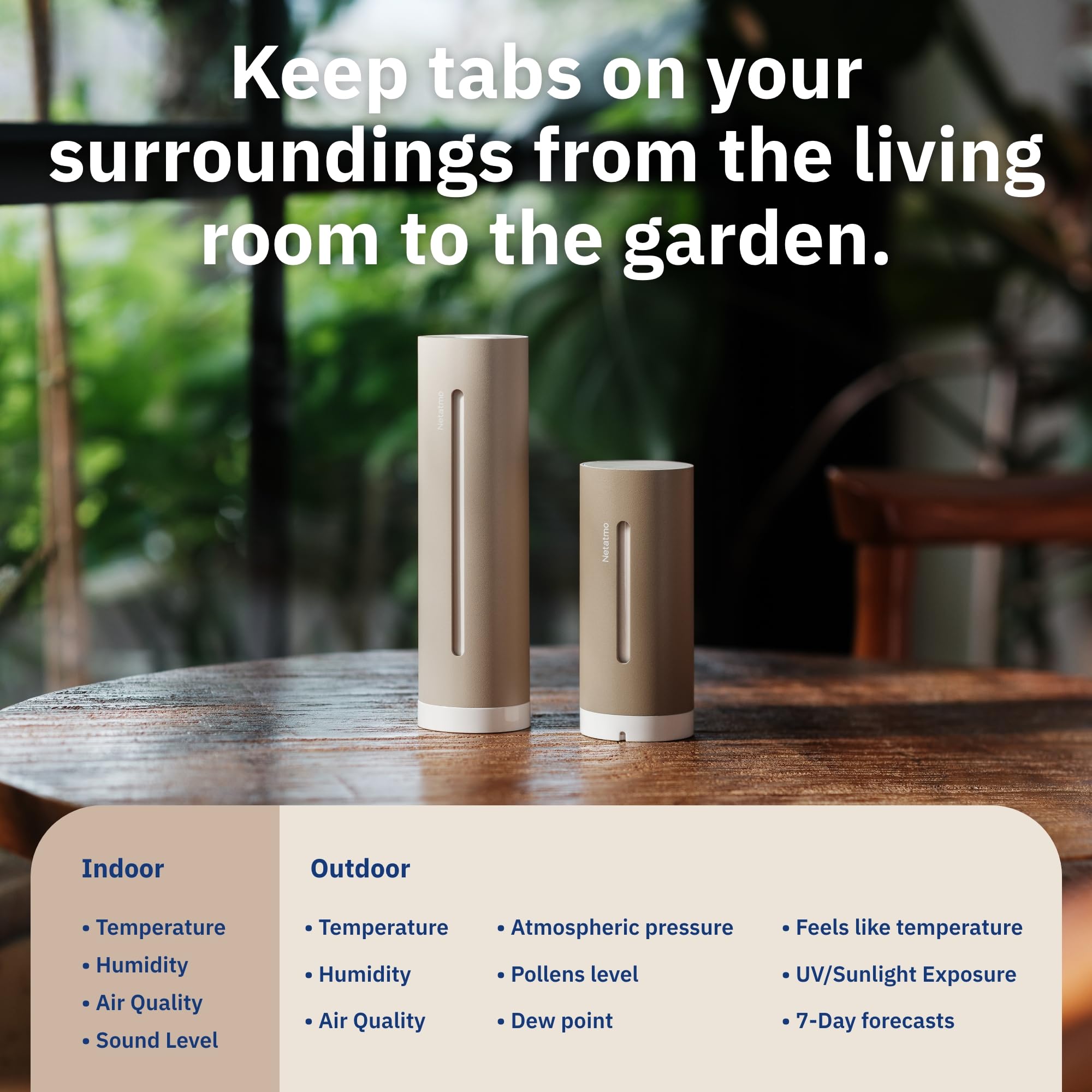 Netatmo Wetterstation ORIGINAL - 2. Generation, Innen & Außen, Temperatur, Luftfeuchtigkeit, Luftqualität, UV, Pollen, Wettervorhersage | Kompatibel mit Apple, Alexa, Google - Sand - NWS-S-EC