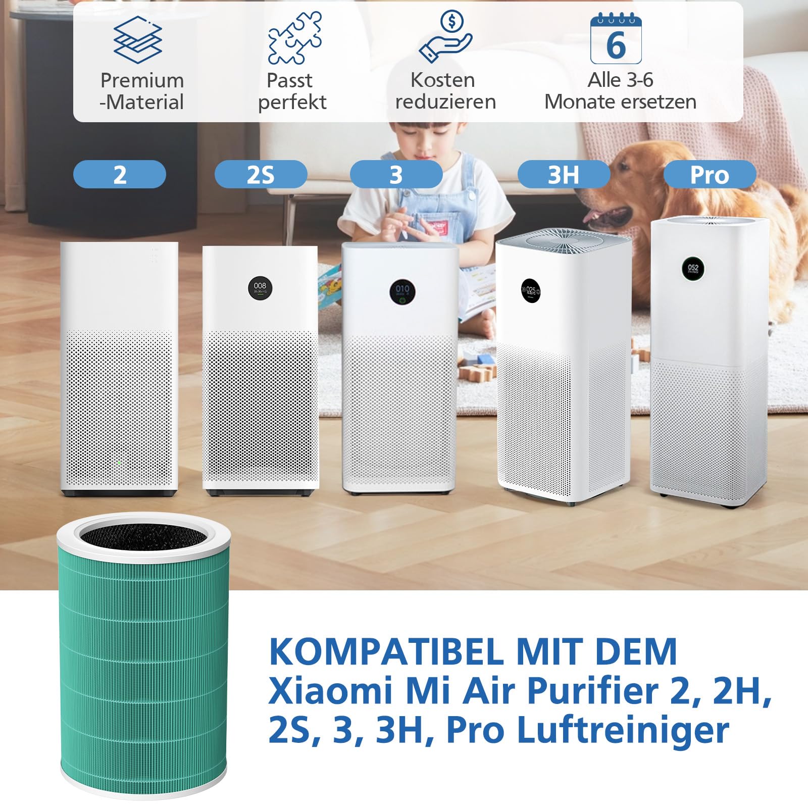 Filtro di ricambio compatibile con Xiaomi Mi Air Purifier 2, 2H, 2S, 3, 3H, Pro (Filtro HEPA True H13 di alta efficienza e filtro a carbone attivo) Verde