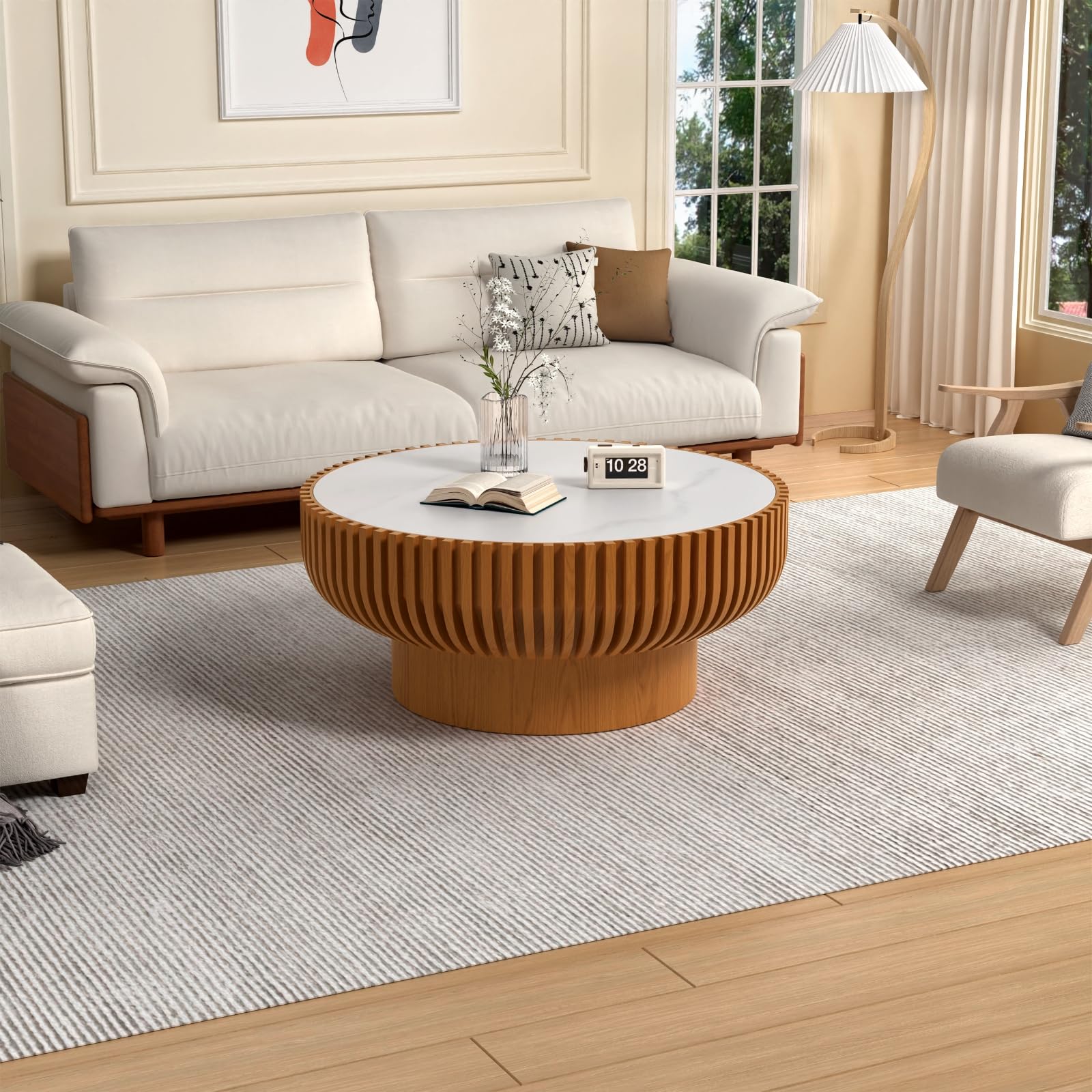 JHKZUDG Table Basse en Forme De Tambour 80Cm avec Plateau en Pierre Frittée