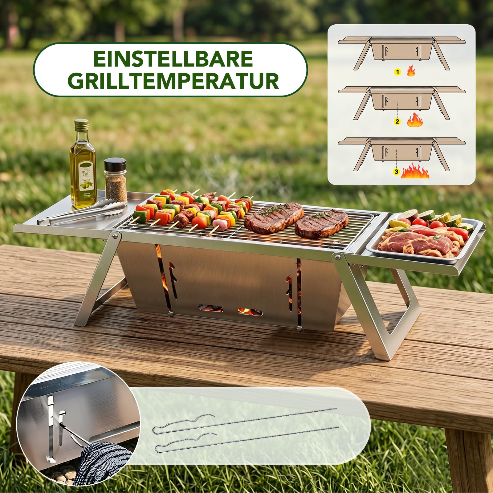 E EASTSTORM Camping Grill, Klappgrill Holzkohlegrill mit 3-stufiger Hitzeverstellung, Mini Tischgrill für 3-4 Personen, Ideal für Garten, Balkon, Strand & Reise, leicht zu Reinigen, 54x21x17.5cm