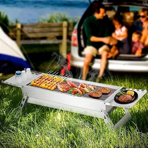 Miniatura 2 de SGOLAN Parrilla de carbón portátil, parrilla de barbacoa de acero inoxidable, pequeña parrilla plegable para jardín, cocina al aire libre, barbacoa,