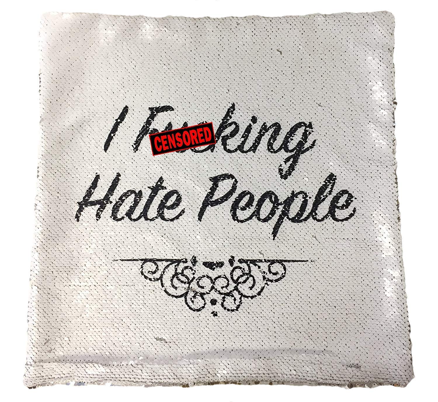 MOCOFO Glitter I Fking Hate People Funny Christmas Pillow Covers Rude Offensive Gag Gift Decorative Fidget Drunk Toy Reversible Sequin Cushion Cover Sparkling Flip Mermaid Magic Color Changing 16x16''