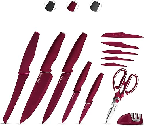 Super Grip - Juego de cuchillos con cubiertas de cuchillos, tijeras de cocina multiusos y afilador de dos etapas, juego de cuchillos de cocina